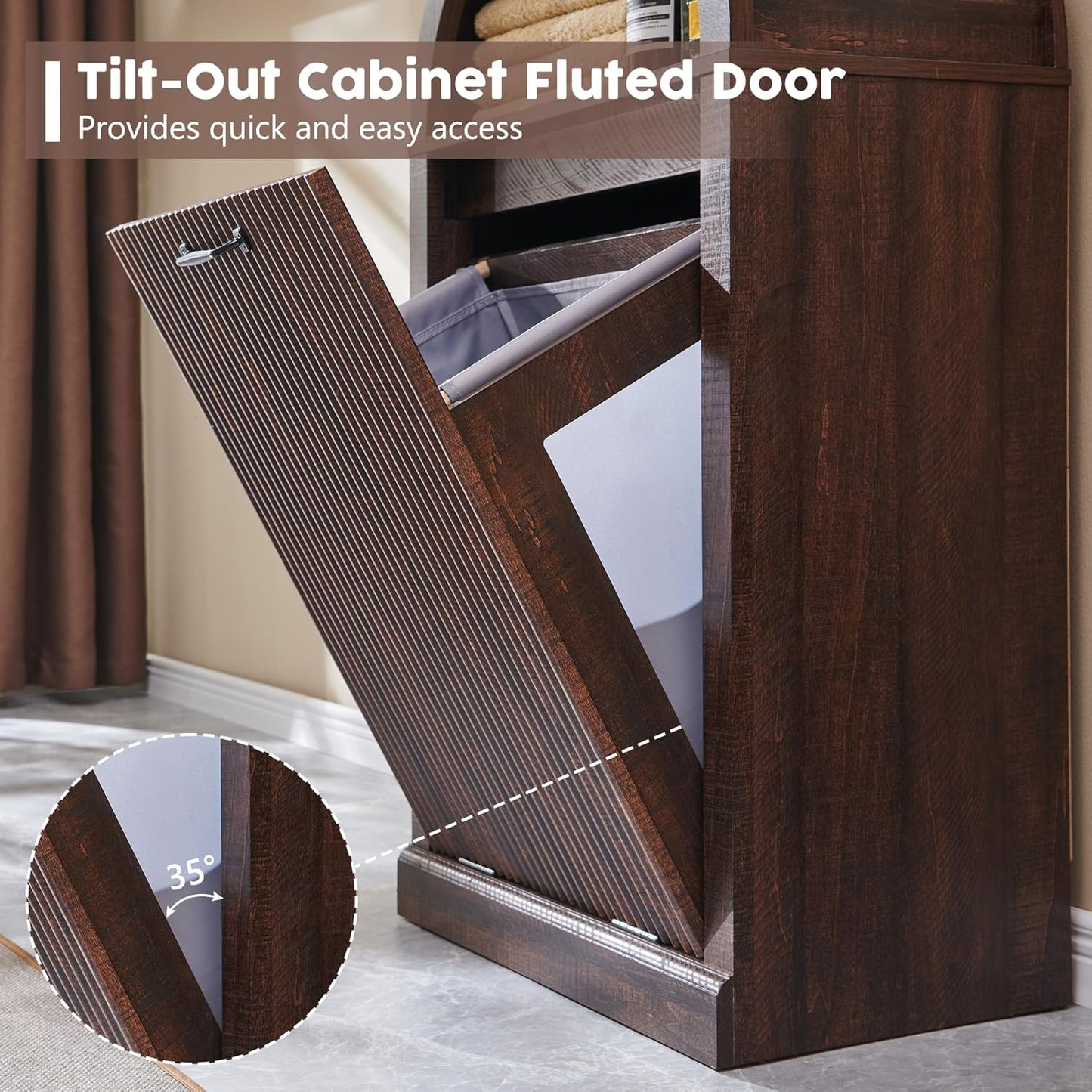 Arch Tilt-Out Trash Can Cabinet, Fluted Kitchen Trash Can 10 Gallon with Open Shelf, Modern Laundry Hamper Cabinet, Hidden Garbage Can with Storage Basket for Living Room, Kitchen Brown