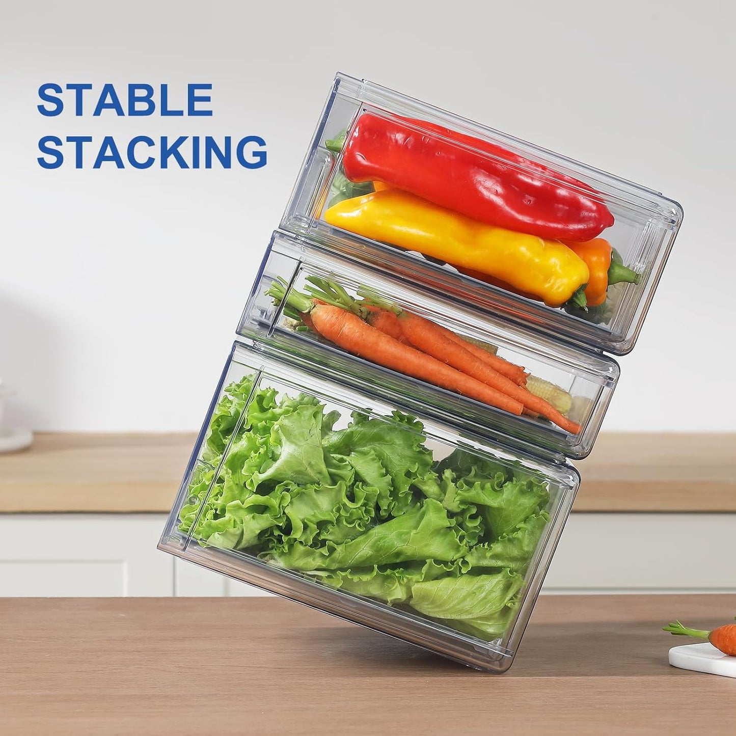 Plastic Clear Fridge Storage Organizer with Drawers & Drainer - Stackable Bins for Kitchen Fruit & Veggie Organization (2PCS, Large)