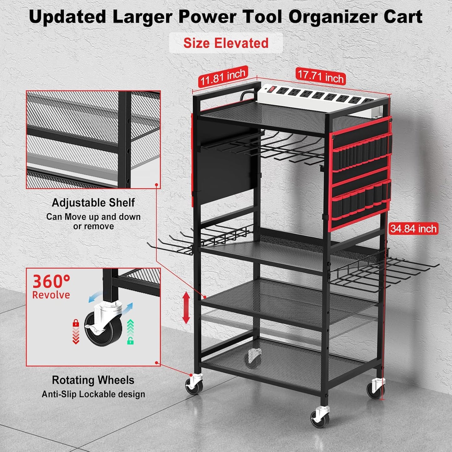 JUNNUJ Garage Large Power Tool Organizer Cart with 20A Charing Station, Heavy Duty Drill and Tools Battery Holder Storage Rack, Floor Standing Rolling Tool Cart on Wheels, Red