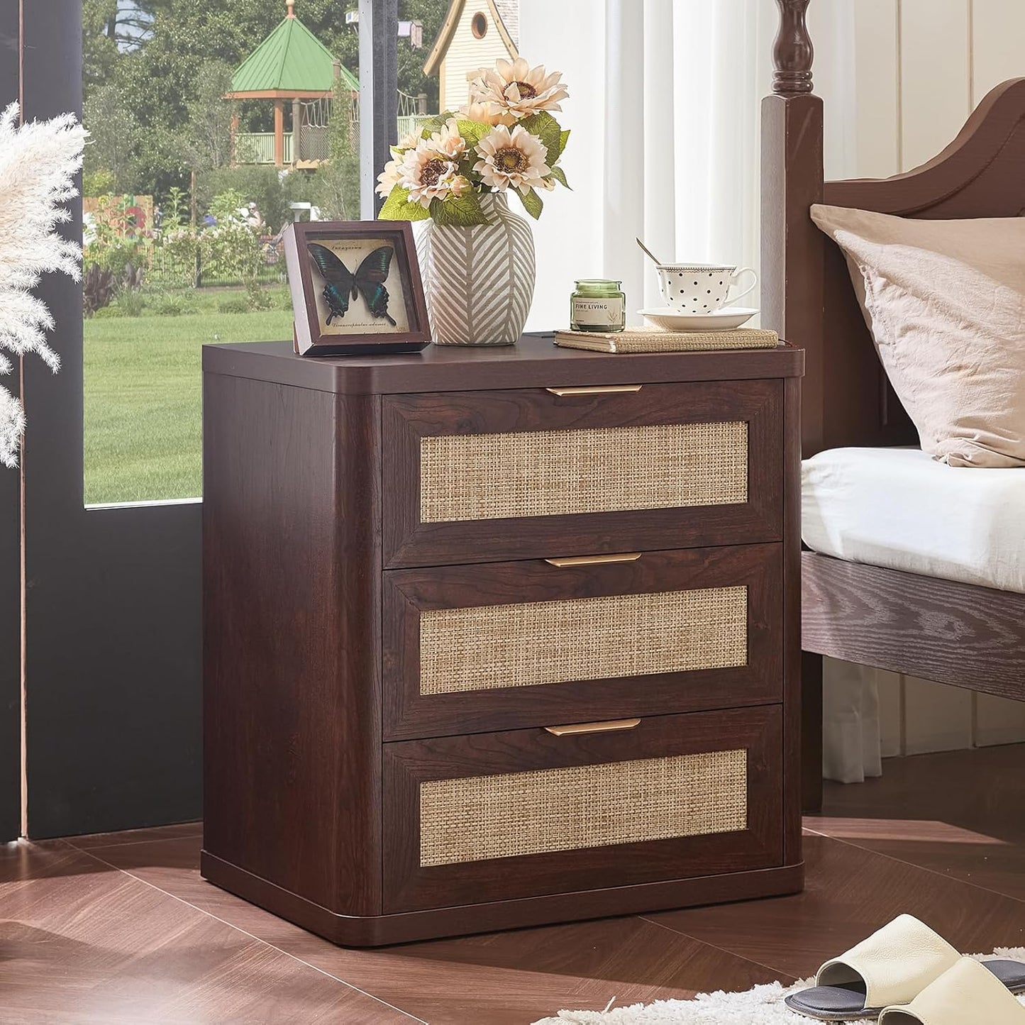 LEYAOYAO Rattan Night Stand with Charger Station, 23" Large 3 Drawer Boho Nightstand, Walnut Bedside Table Storage Cabinet, Bed Side End Tables for Bedroom, Living Room, Hallway