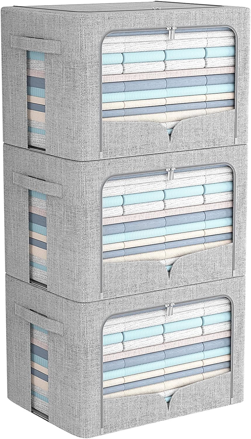 FHSQX 3 Pack Clothes Storage Bins Foldable Metal Frame Storage Box Stackable Linen Fabric Organizer Set with Carrying Handles and Clear Window (Light Gray, 15.7x11.8x11.8inch(36L))