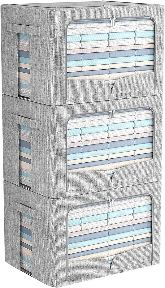 FHSQX 3 Pack Clothes Storage Bins Foldable Metal Frame Storage Box Stackable Linen Fabric Organizer Set with Carrying Handles and Clear Window (Light Gray, 15.7x11.8x11.8inch(36L))