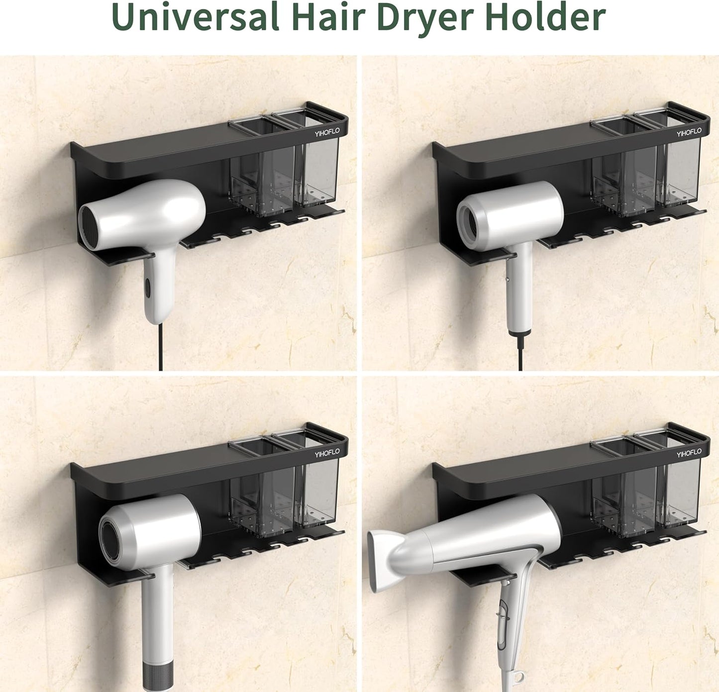 Hair Dryer Holder Wall Mounted Adhesive/Drilling, Hair Dryer Storage Organizer with Shelf & Hooks for Bathroom, Blow Dryer Holder, Hair Tool Organizer (Black)