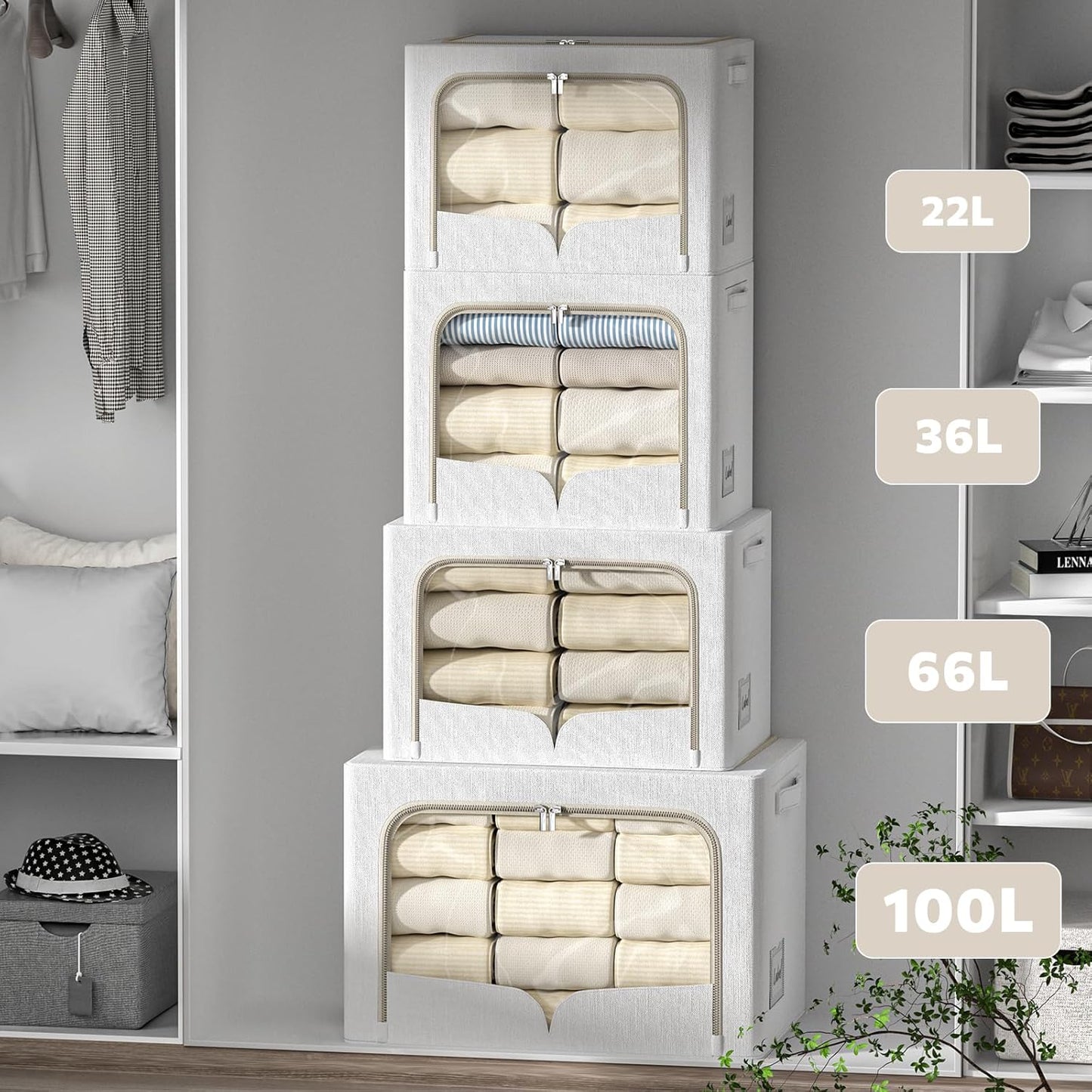 FHSQX 3 Pack Clothes Storage Bins Foldable Metal Frame Storage Box Stackable Linen Fabric Container Organizer Set with Carrying Handles and Clear Window (Cream White, 23.6x16.5x15.7inch(100L))