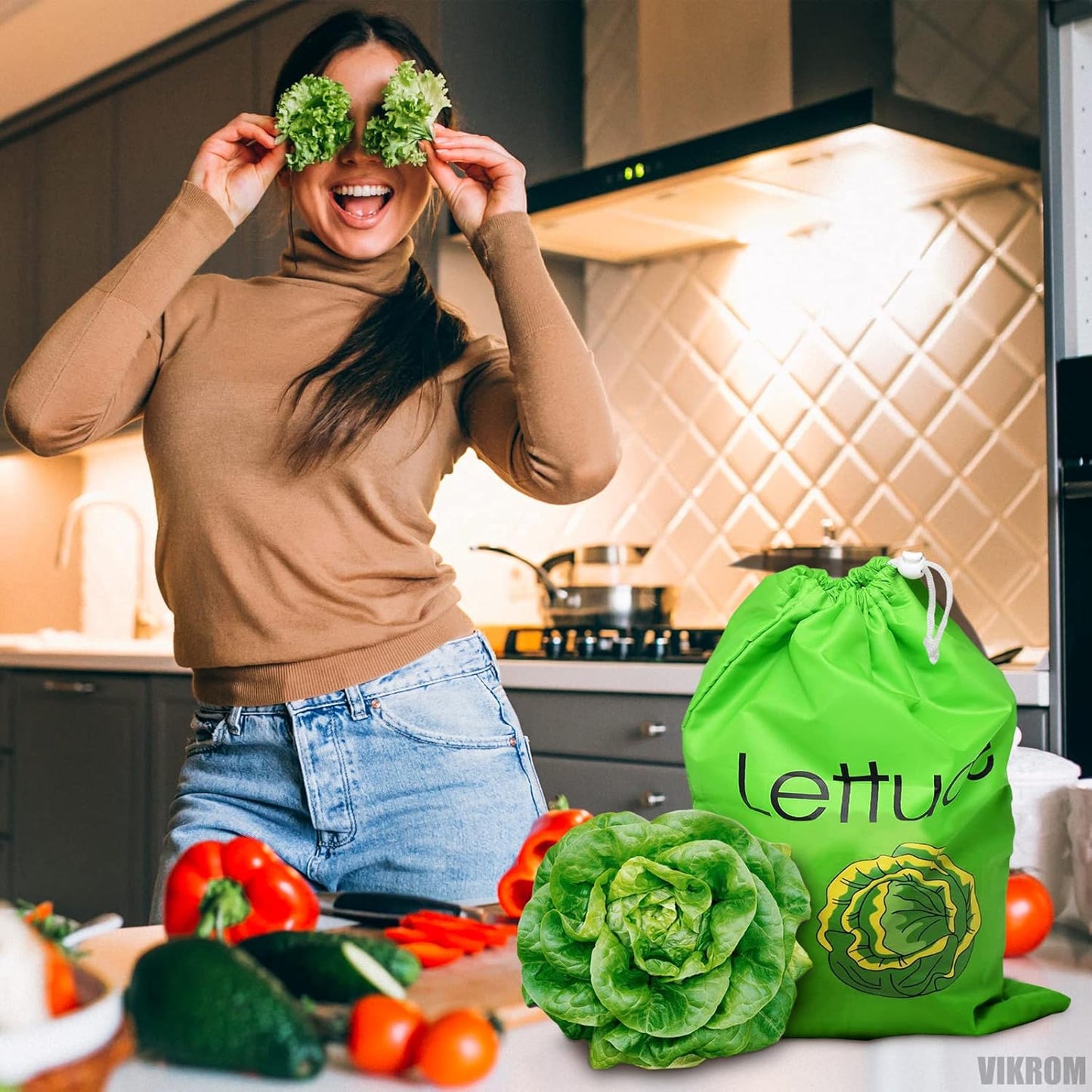 Lettuce Keeper for Refrigerator – 3-Layer Reusable Produce Storage Bags with Foil Lining and Drawstring | Breathable, Washable, Sturdy & Easy to Use | Great for Lettuce, Leafy Greens, Fruits & Veggies