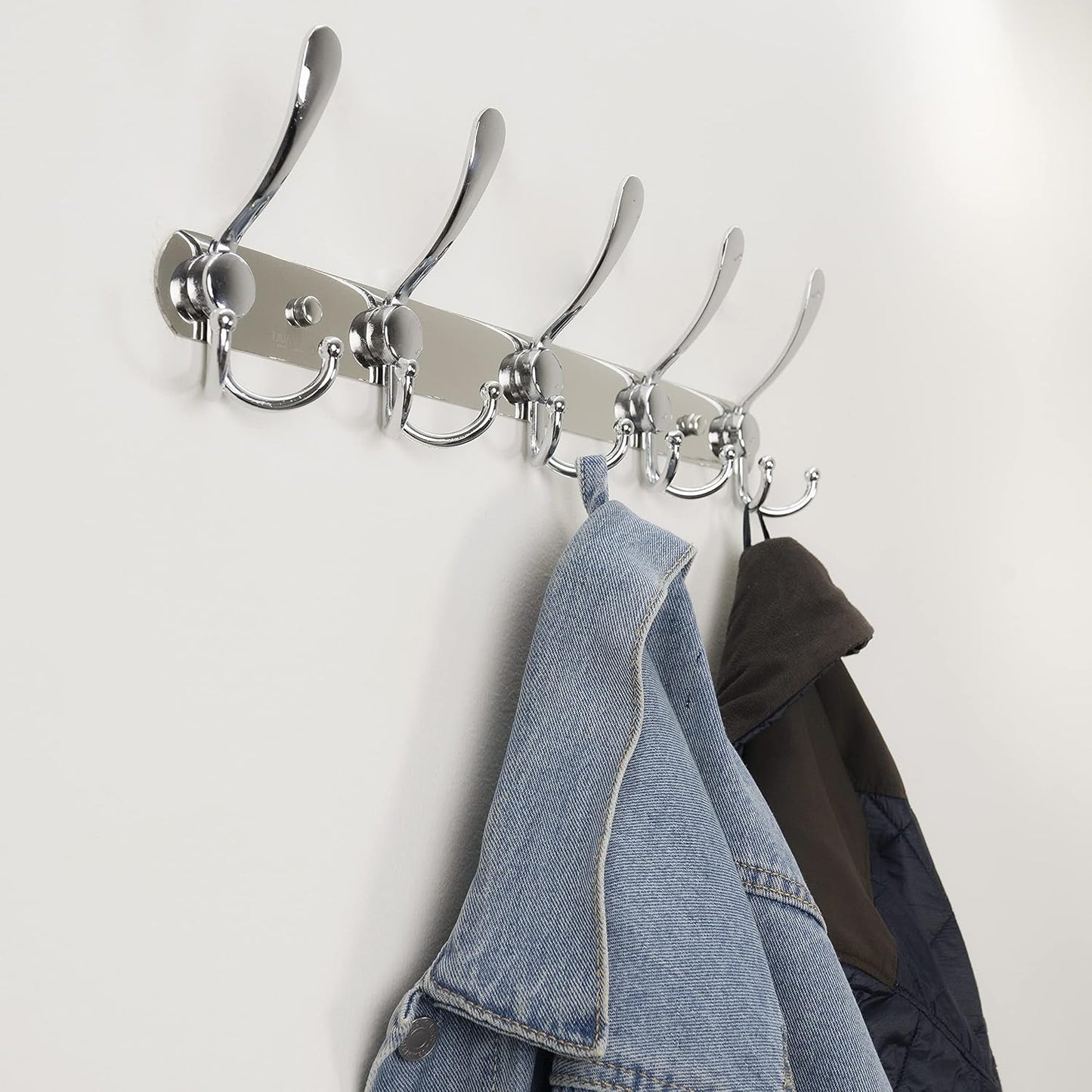 GlazieVault Coat Rack Wall Mount - Stainless Steel Coat Hooks (2 Pack) - Heavy Duty Wall Hooks for Clothes & Accessories (Silver Tri)