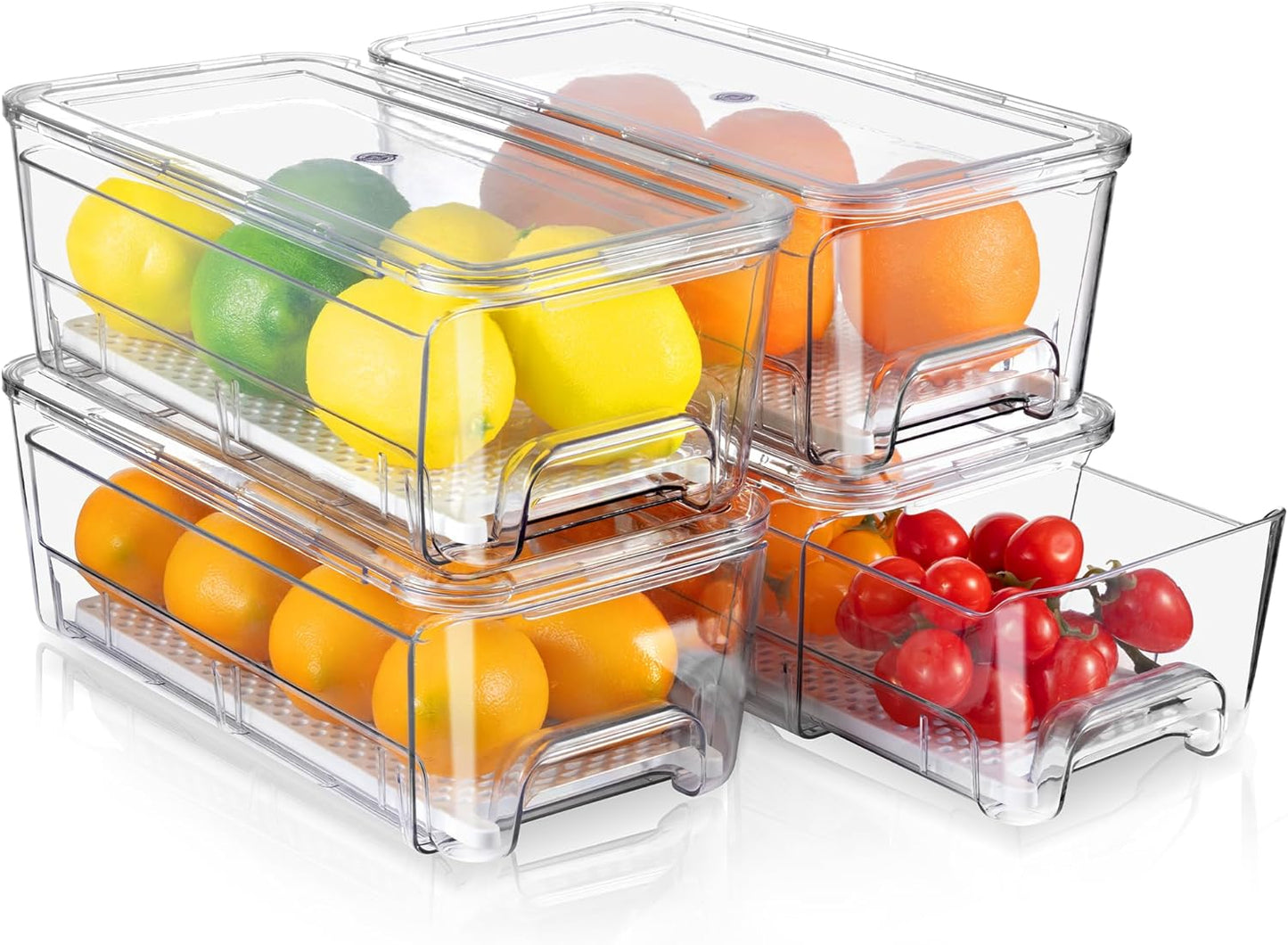 Large Fridge Organizer Drawers, 4 Pack Stackable Fruit and Vegetable Storage Containers, Clear Pull-Out Refrigerator Organizer Bins for Kitchen, Refrigerator, Pantry, Cabinet, Freezer