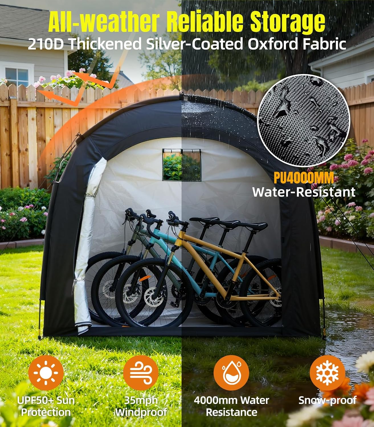 Housolution Bike Storage Tent Shed for 3 Bikes, Outdoor Portable 210D Oxford Thick PU4000 Waterproof Bike Cover with Ventilated Window, Bike Tent Fit for Bicycle, Lawn Mower, Garden Tools