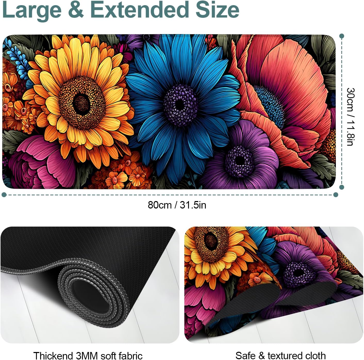 Flower Gaming Mouse Pad 31.5"x11.8"Desk Mat Anti-Slip Rubber Base & Durable Stitched Edges for Gamers Smooth Mouse Writing Surface for Desk Office/Home