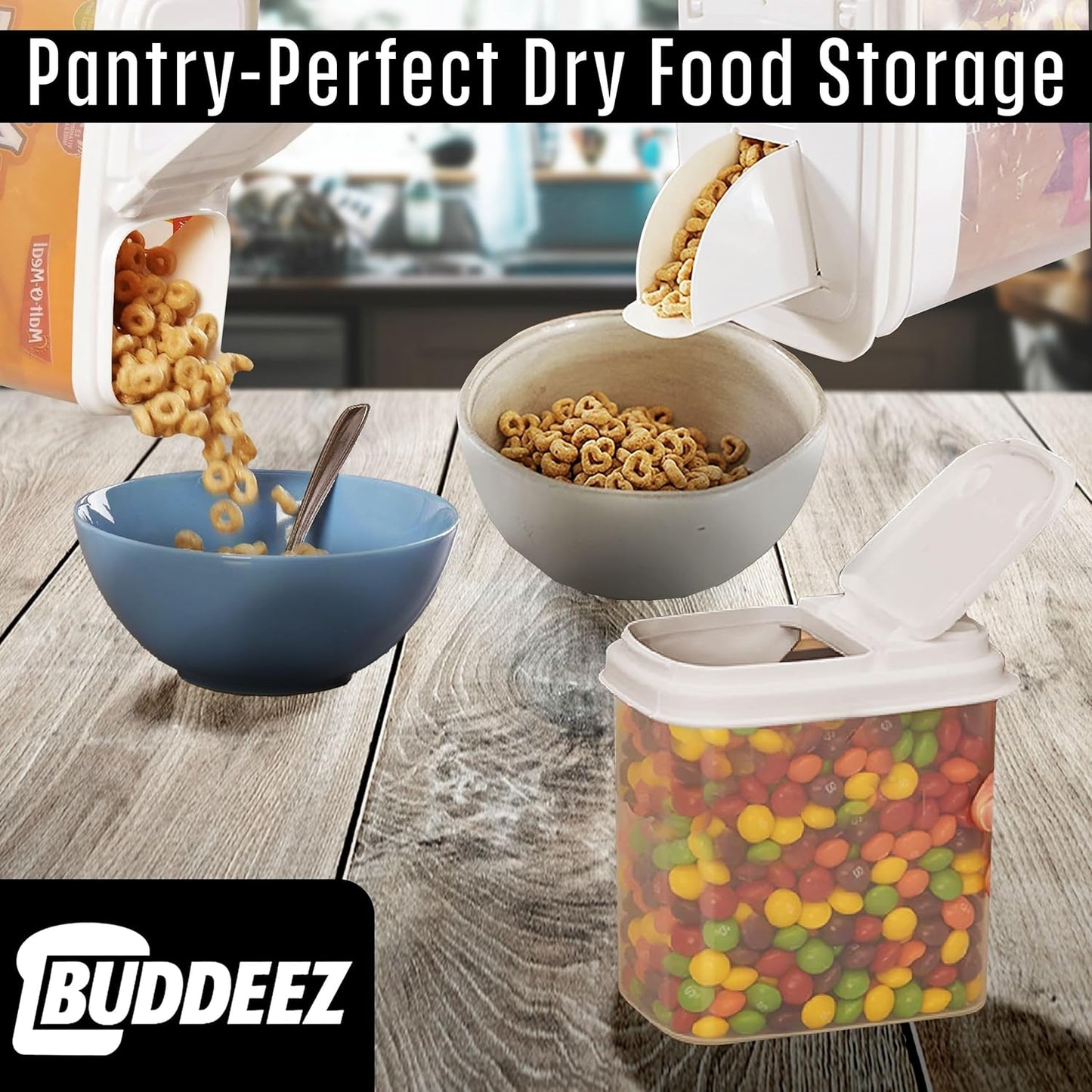 Buddeez Cereal Buddy Food Storage Dispenser - Multi-Size, BPA Free Plastic Containers with EZ Grip Handle, Scoop, and EZ Pour Spout, 8 QT, Set of 3.