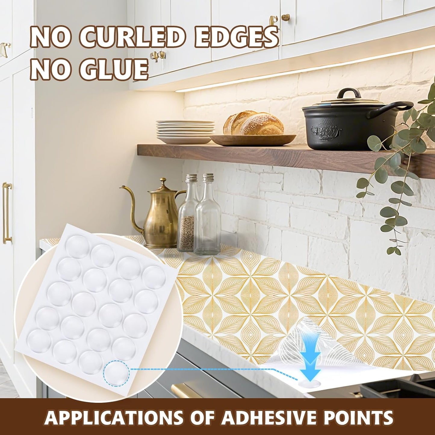 Drawer and Shelf Liner for Kitchen Cabinet,Non-Adhesive Waterproof Drawer Liner for Dresser & Bathroom Vanities with Adhesive Dots & Cutting Tool(12 in X 20 Ft Gold Leaf Pattern)