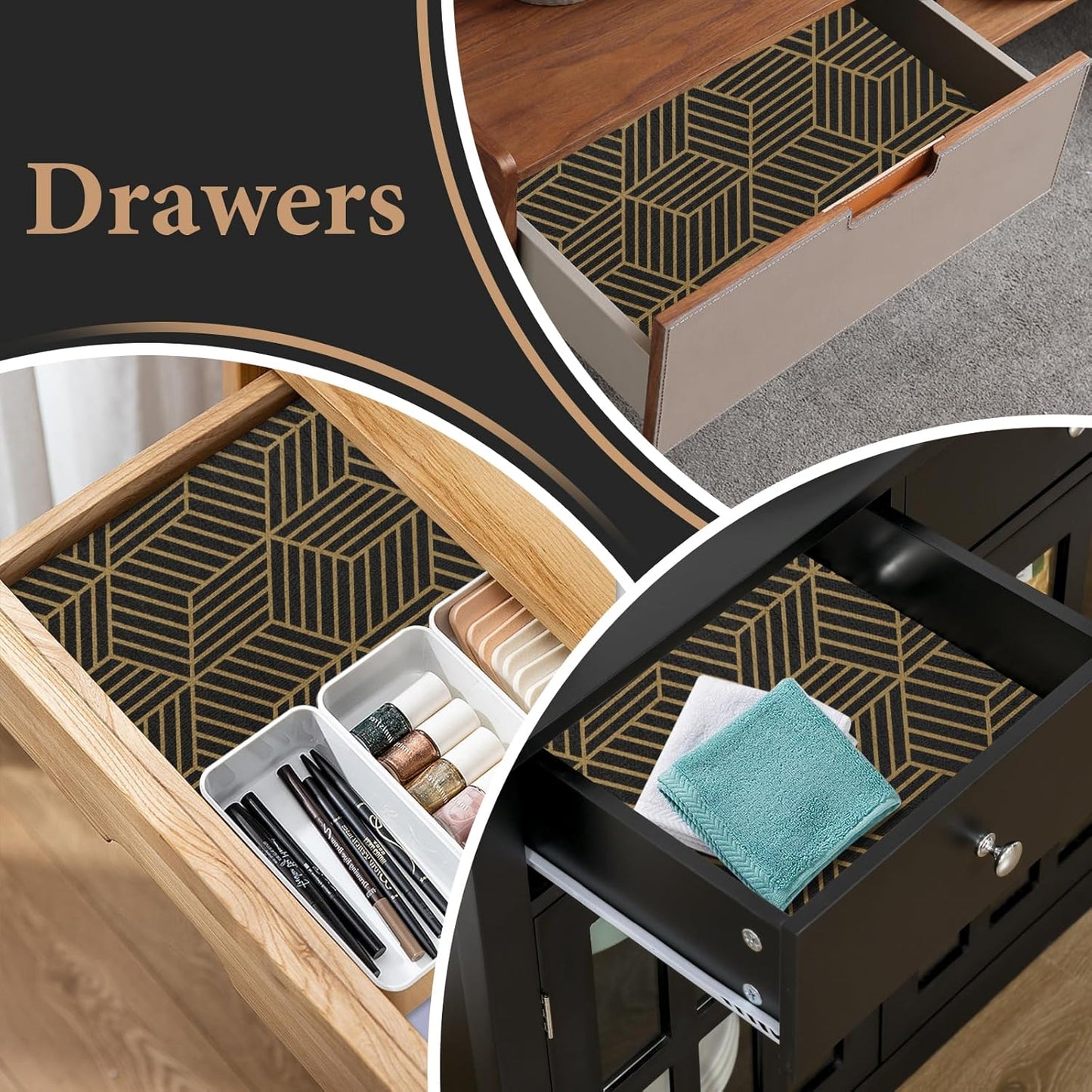 Shelf Liners for Kitchen Cabinets 12in x 30FT, Non Adhesive Cabinet Liner Strong Non-Slip Black Gold Geometric Drawer Liner, Easy to Clean for Shelf, Cabinet with Knife and Tape Measure