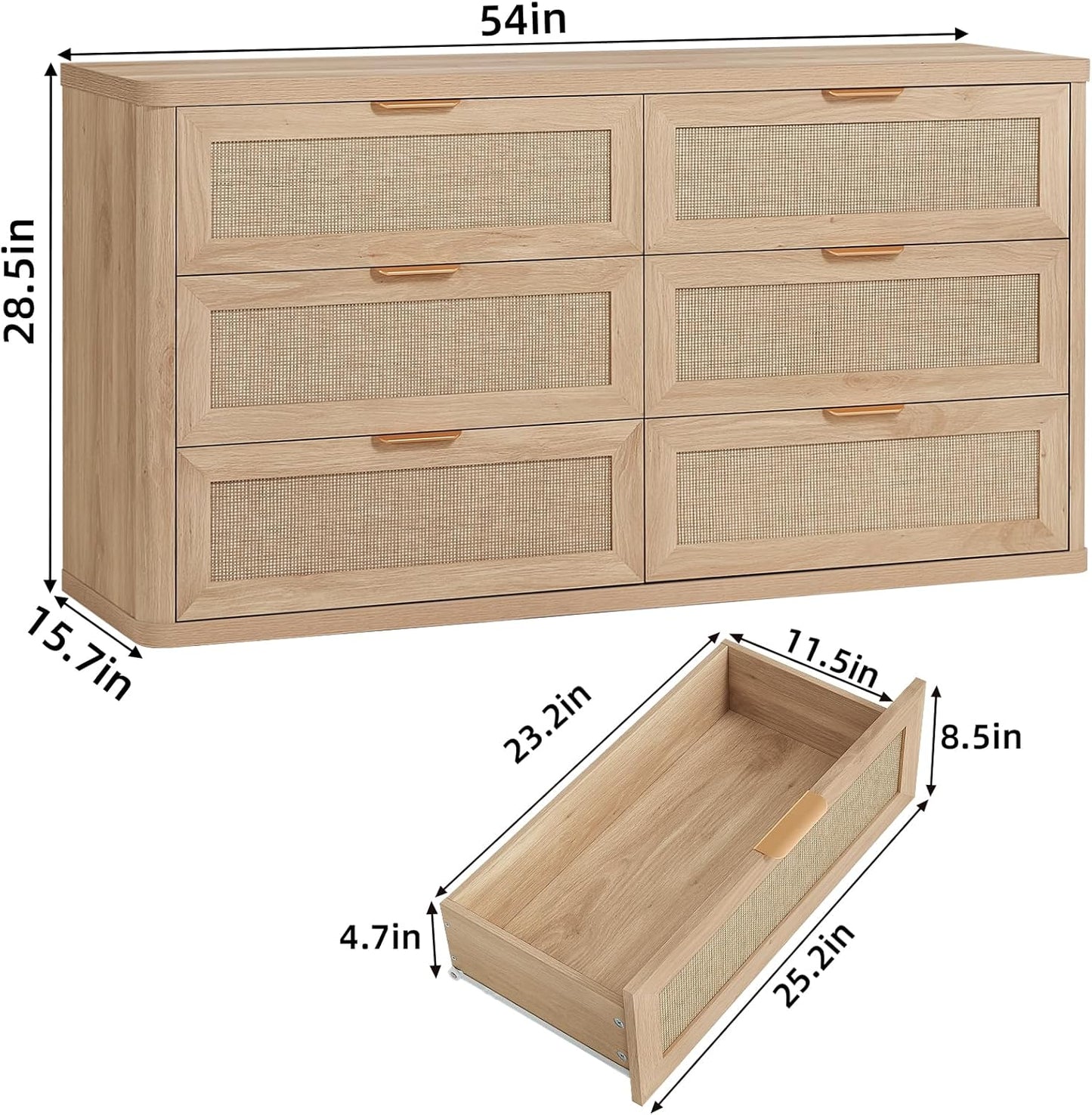 LEYAOYAO Rattan 6 Drawer Dresser for Bedroom Set of 2, Boho 54" Wide Natural Wood Dresser Chest of Drawers, Dressers TV Stand with Metal Handle, Storage Dressers Closet Organizer for Living Room