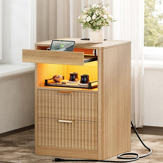 REAHOME Fluted Nightstand with Charging Station, Modern LED Night Stand with 2 Drawers and Pull Out Tray, Wood Bedside Table, End Side Table with Open Shelf for Bedroom,Natural