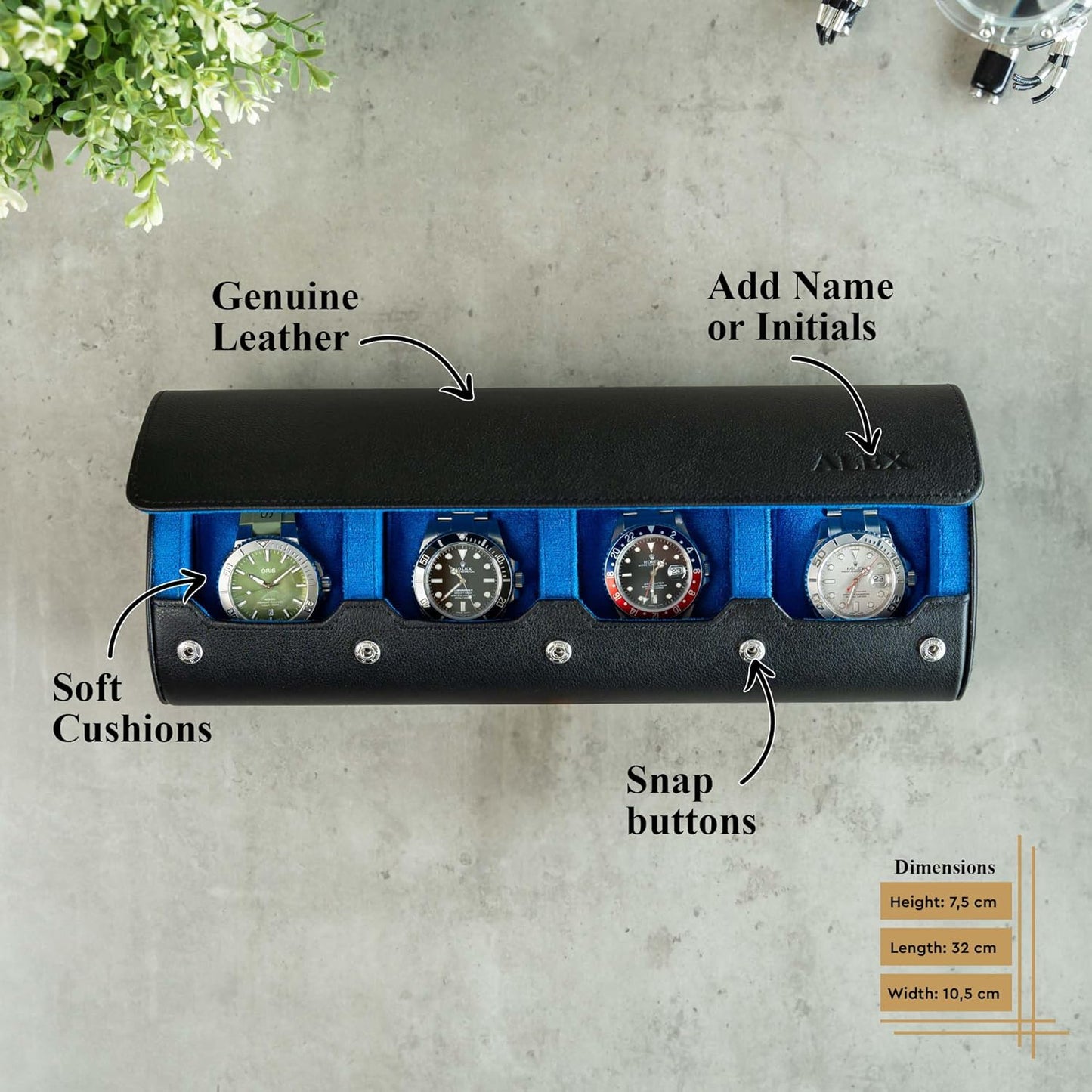 DailyWatch | Personalized Watch Roll Travel Case For 4 Watches - Handmade Genuine Leather Travel Case With Custom Engraving of Name or Initials - Black Blue