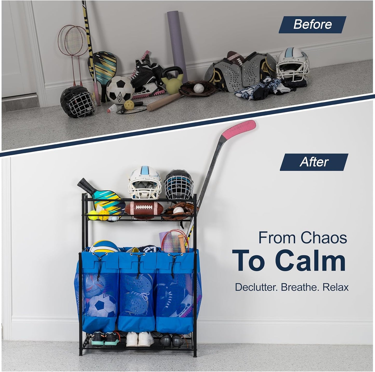 KASSELL Garage Sports Organizer Storage rack for sports equipment Ball, Heavy Duty Toy and Gear Storage Organizer with Grab and go bags (Blue)