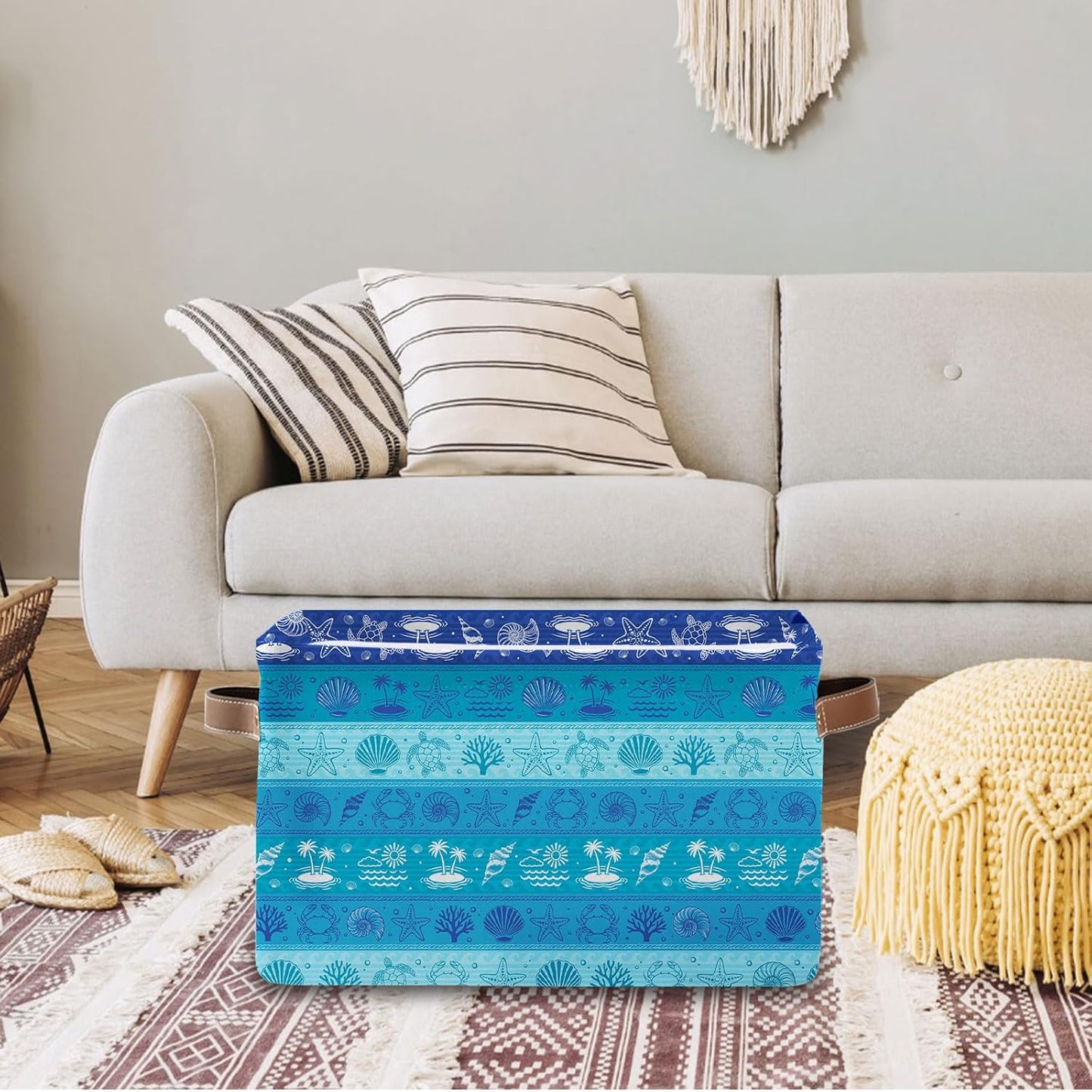 Rectangle Blue Ocean Nursery Storage Basket, Collapsible Storage Box Bin with Handles for Toy, Storage Basket for Friend, Laundry Organizer for Room, Gifts for Chritsmas Thanksgiving 14.9x11x9.4in