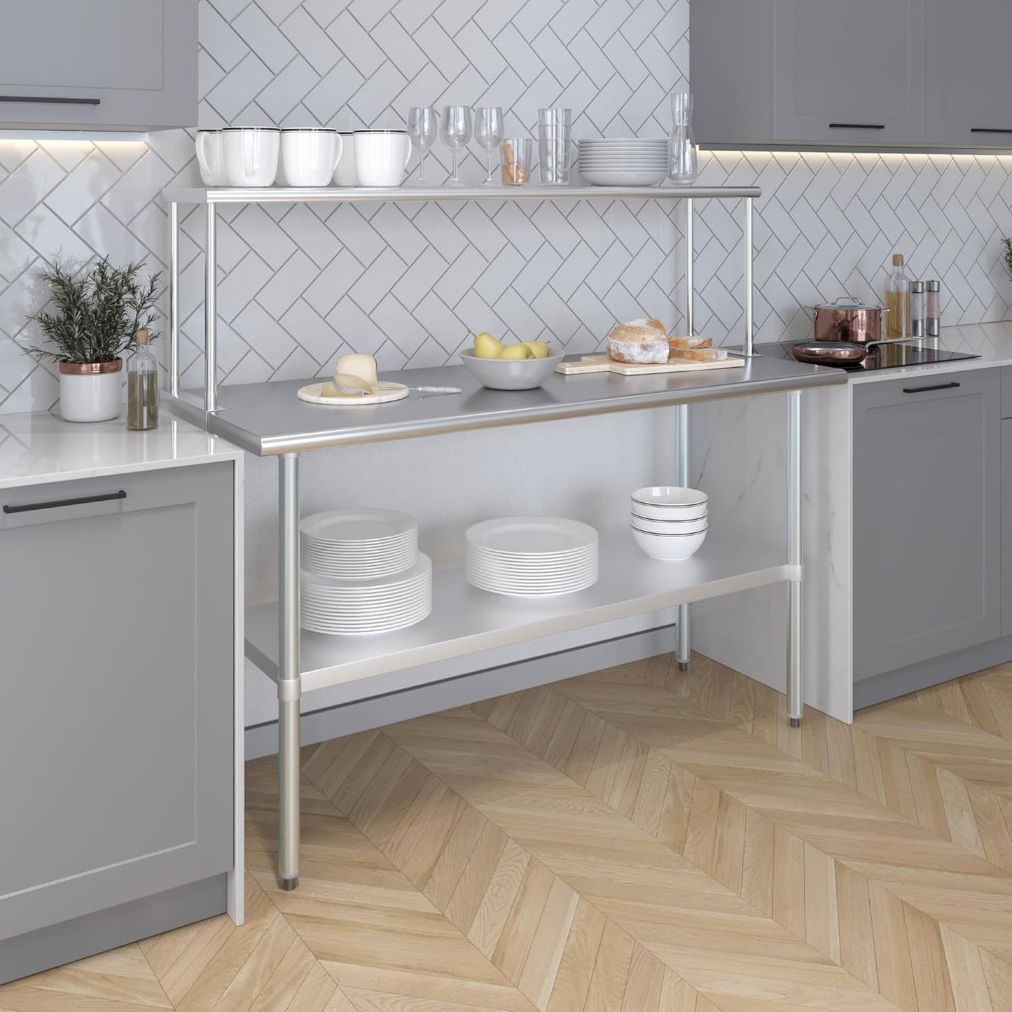 Stainless Steel Work Table with Wide Single Tier Overshelf | Metal Kitchen Prep Table & Shelving Combo (24" x 60" Work Table + 12" Overshelf)