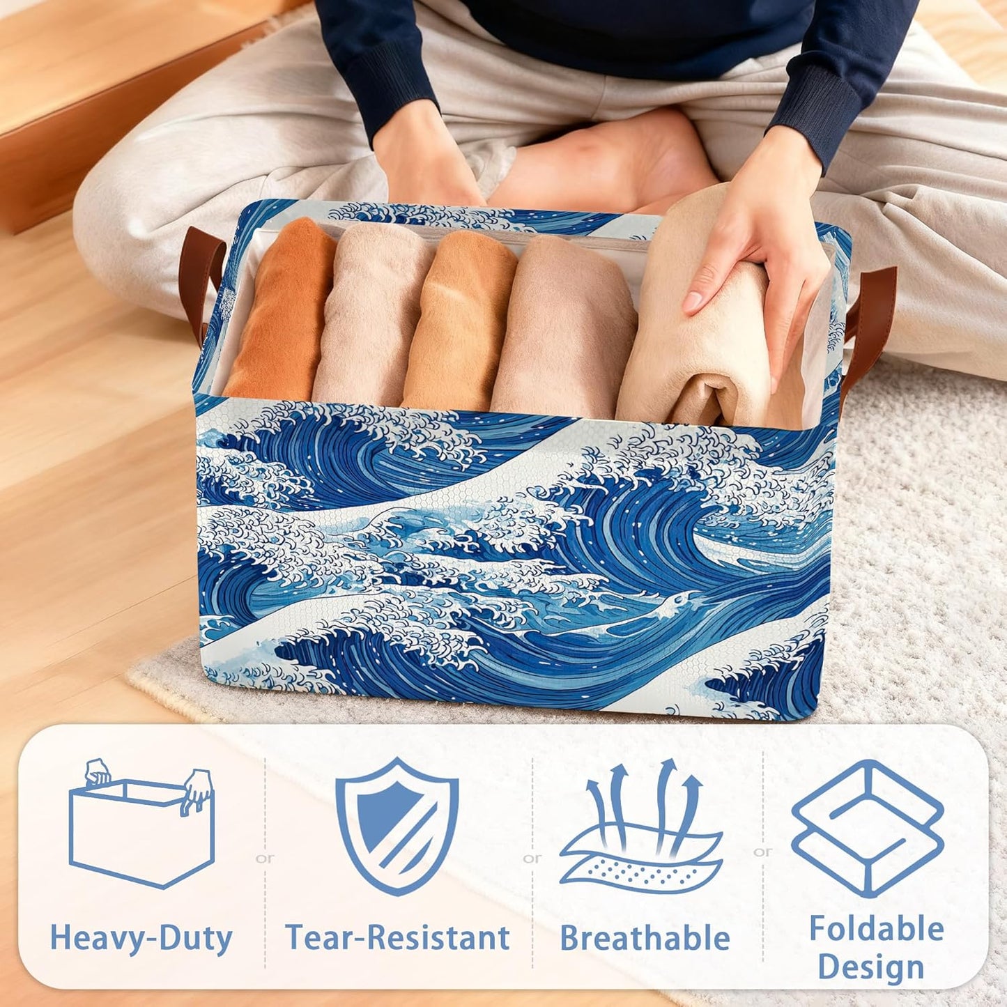 Ocean Wave Storage Baskets,Japanese Foldable Organizer Bin with Handles for Home Living Room Bedroom Closet Box 17x11.5x10Inch