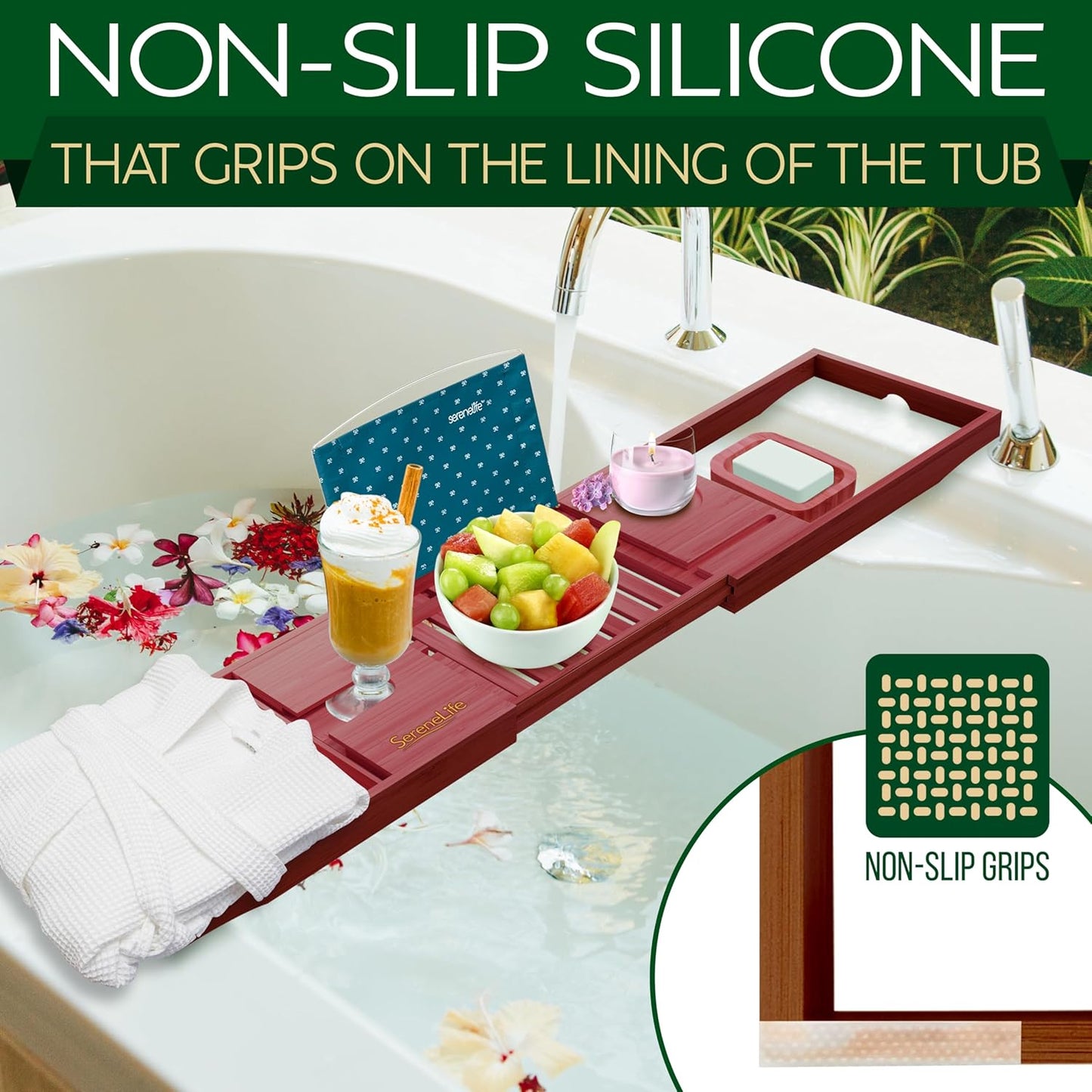 SereneLife Bathtub Tray - Expandable Bath Tray for Tub, Adjustable Bamboo Caddy with with Non-Slip Handles, Device Holder and Wine Glass Slot for Bathing Luxury (Brown, Soft Back, Gift Set)