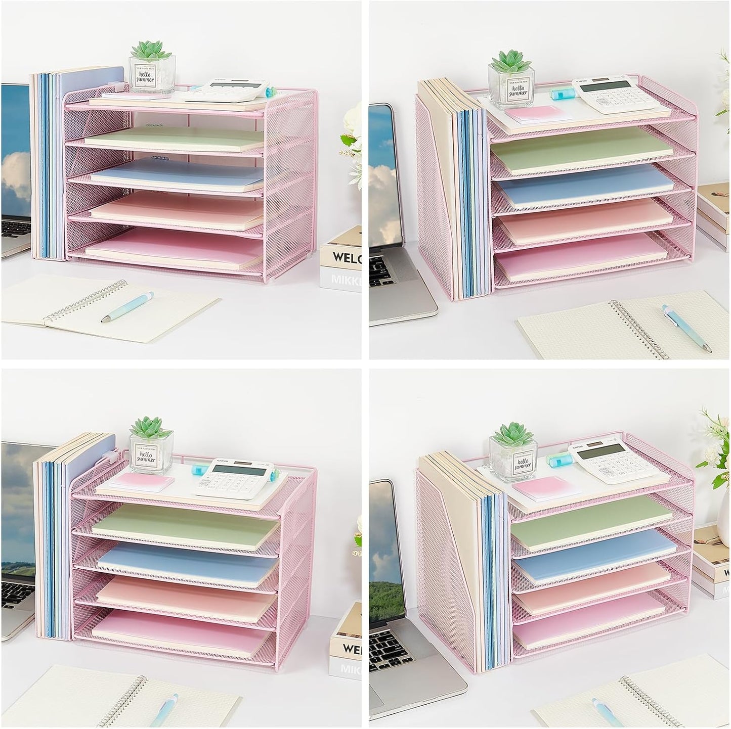 OPNICE 5-Tier Paper Organizer with Magazine Holder, Desk Organizers and Accessories, Office Desk Accessories & Workspace Organizers, Desktop File Organizer for Office Supplies Storage, Pink
