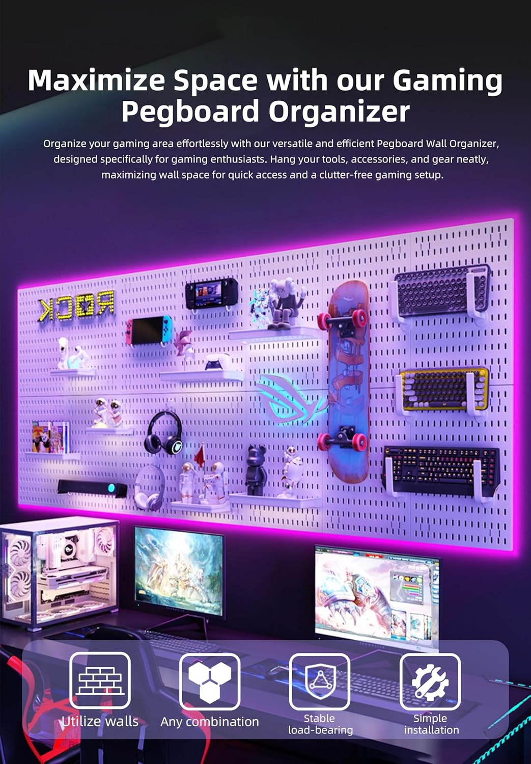 Wall Organizer Peg Board - Elevate And Declutter Your Gaming And Office - Create A Perfectly Structured Space(Black)