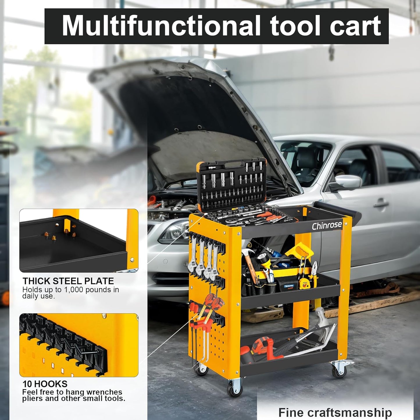 3 Tier Rolling Tool Cart on Wheels, Mechanic Storage Organizer, Rolling Work Cart with Pegboard for Garage, Workshop, Warehouse (Black&Yellow)