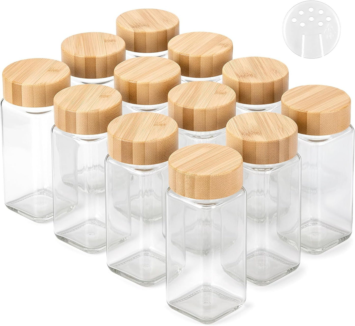 Glass Spice Jars and Bamboo Lids (12 x 4oz) Spice Containers with Shaker Inserts - Add-On Pack Without Labels or Accessories