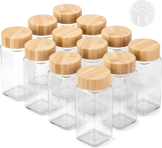 Glass Spice Jars and Bamboo Lids (12 x 4oz) Spice Containers with Shaker Inserts - Add-On Pack Without Labels or Accessories