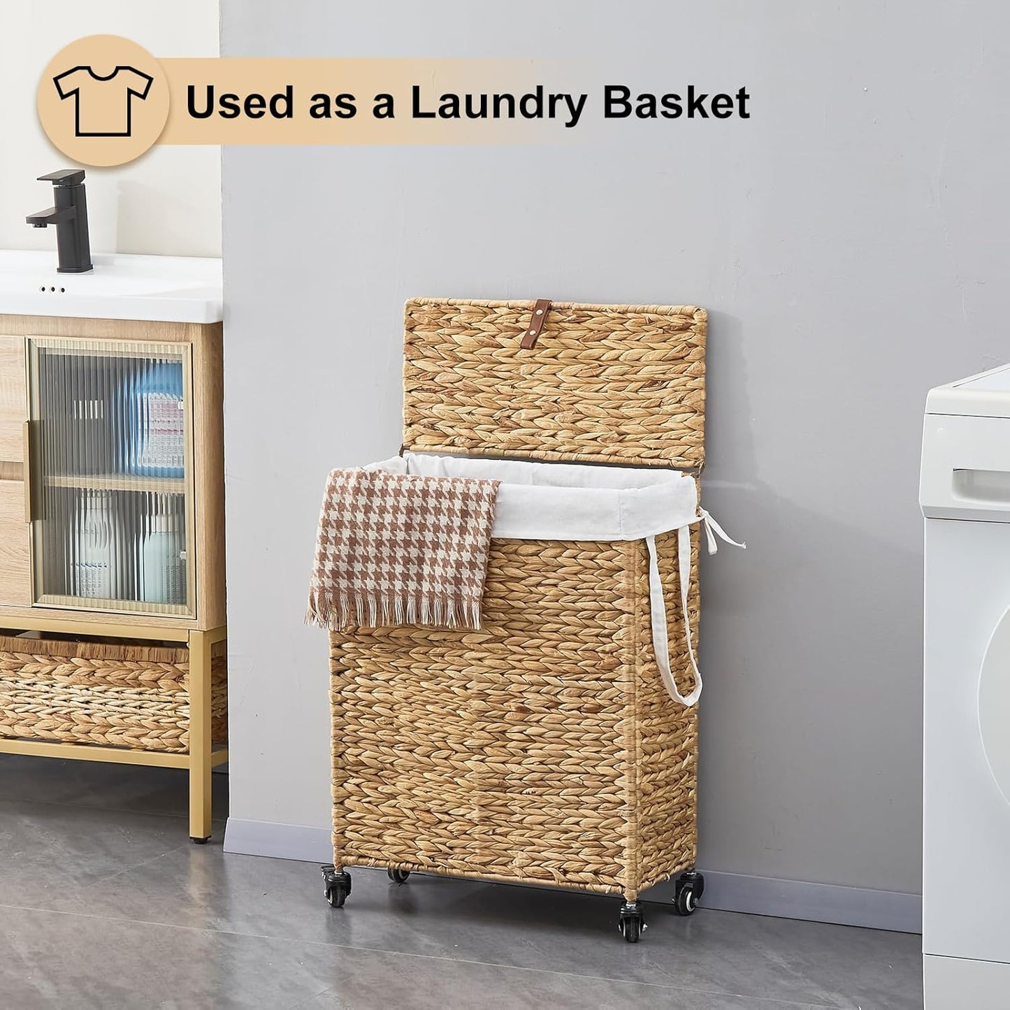 Rolling Laundry Hamper with Lid and Wheels, Slim Laundry Basket with Removable Liner Bag & 2 Mesh Bags, Handwoven Water Hyacinth Clothes Hamper for Bedroom Bathroom (Natural, 65L)