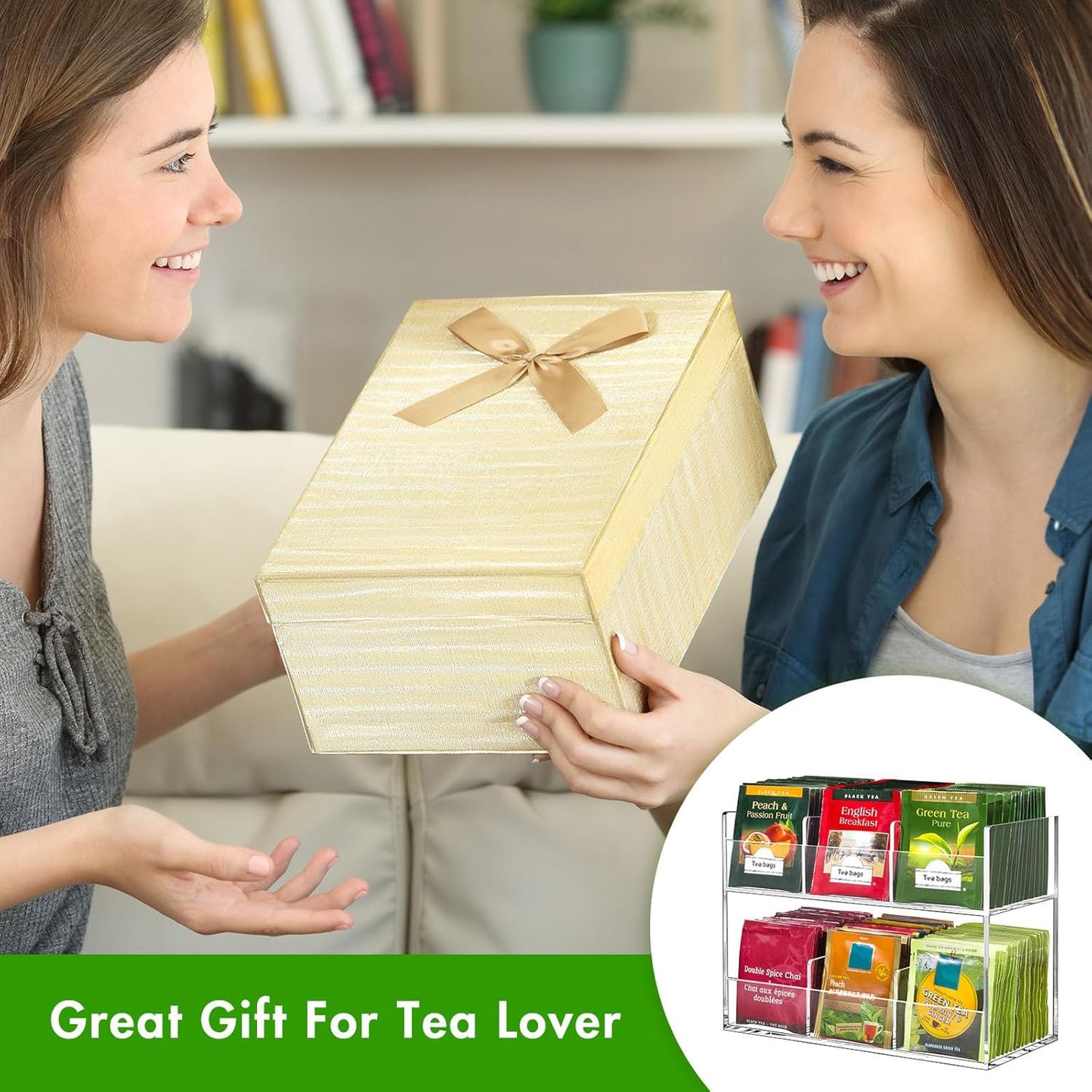 BEYGORM Acrylic Tea Bag Organizer for Tea Packets, No Assembly Required Display Holder for Countertop, Vertical Tea Bag Caddy for Cabinet, Tea bar Accessories, Teabags Storage Containers