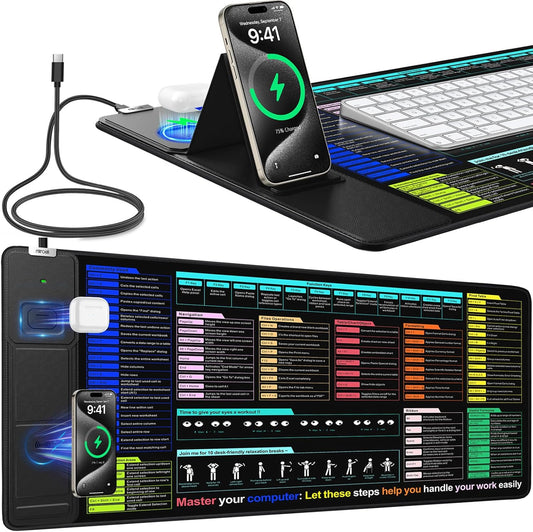 Mouse Pad for Excel/Word/PowerPoint/Windows Shortcut Keys, Desk Pad with Wireless Charger Phone Stand, XXL Large Excel Cheat Sheet Mousepad | PC Office Spreadsheet Desk Mat | Non-Slip Stitched Edge