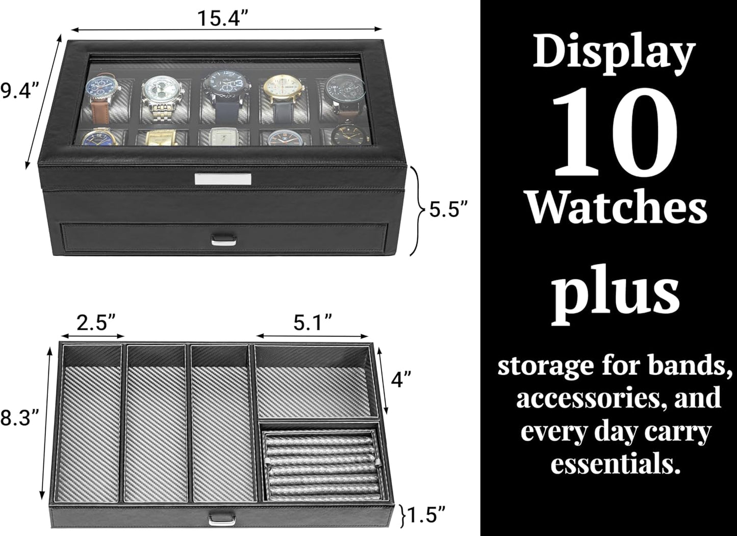HOUNDSBAY Yachtsman Watch Box Organizer | Luxury Jewelry Organizer with Drawer, Ring Tray & Glass Lid | Great EDC Display Case for Storage | Ideal Gift for Men