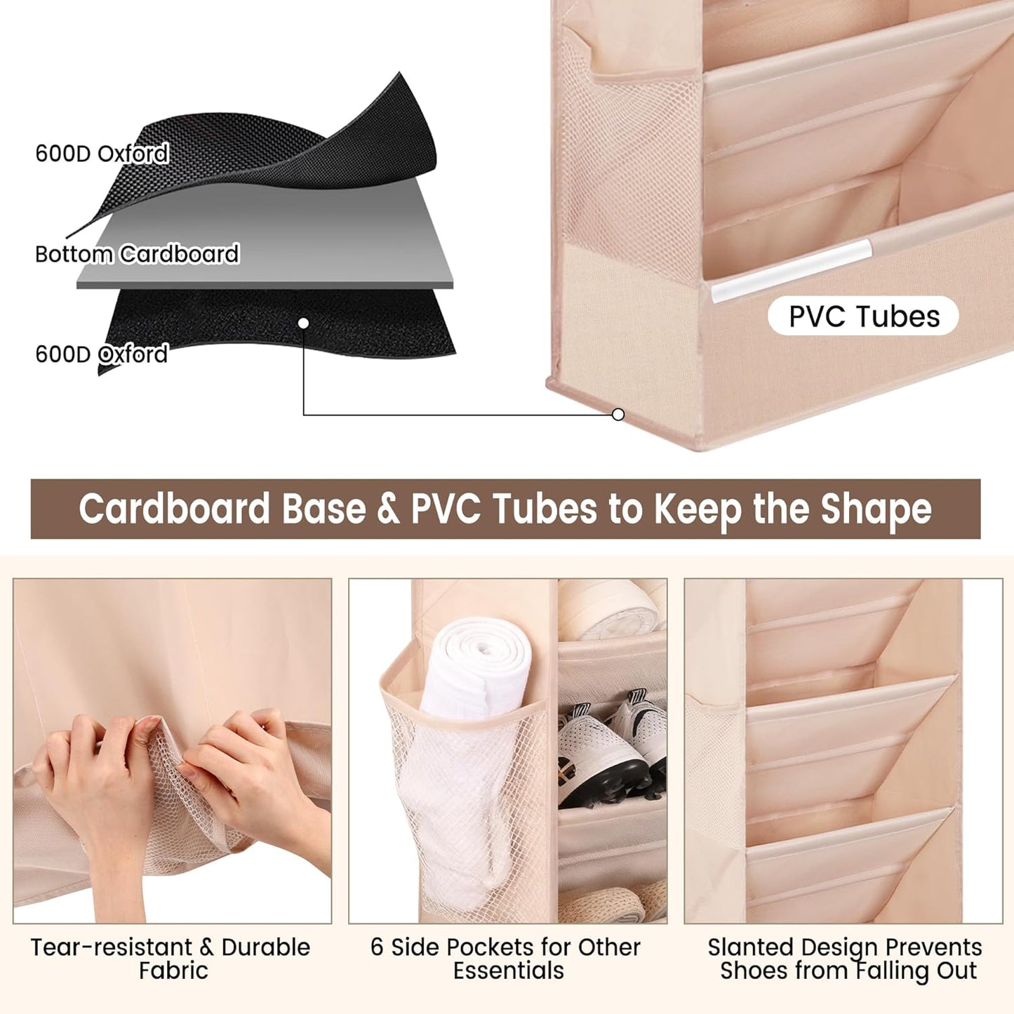 7 Tier Over The Door Shoe Organizer, Hanging Shoe Rack for Closet with Dustproof Mesh Curtain & 6 Side Pockets, Behind The Door Narrow Shoe Holder Hanger for Sneakers, Boots (Beige)