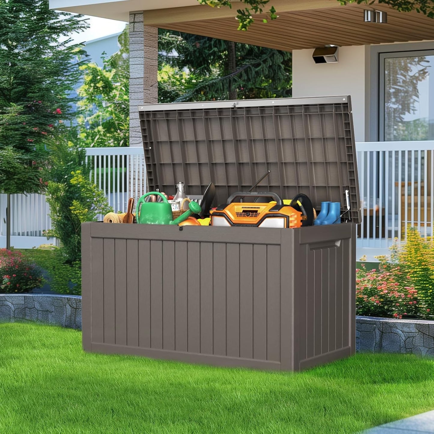 280 Gallon Resin Deck Box, Lockable Patio Outdoor Storage Box for Furniture, Garden Tools and Tools Storage, Waterproof Outside Storage Boxes - Grey