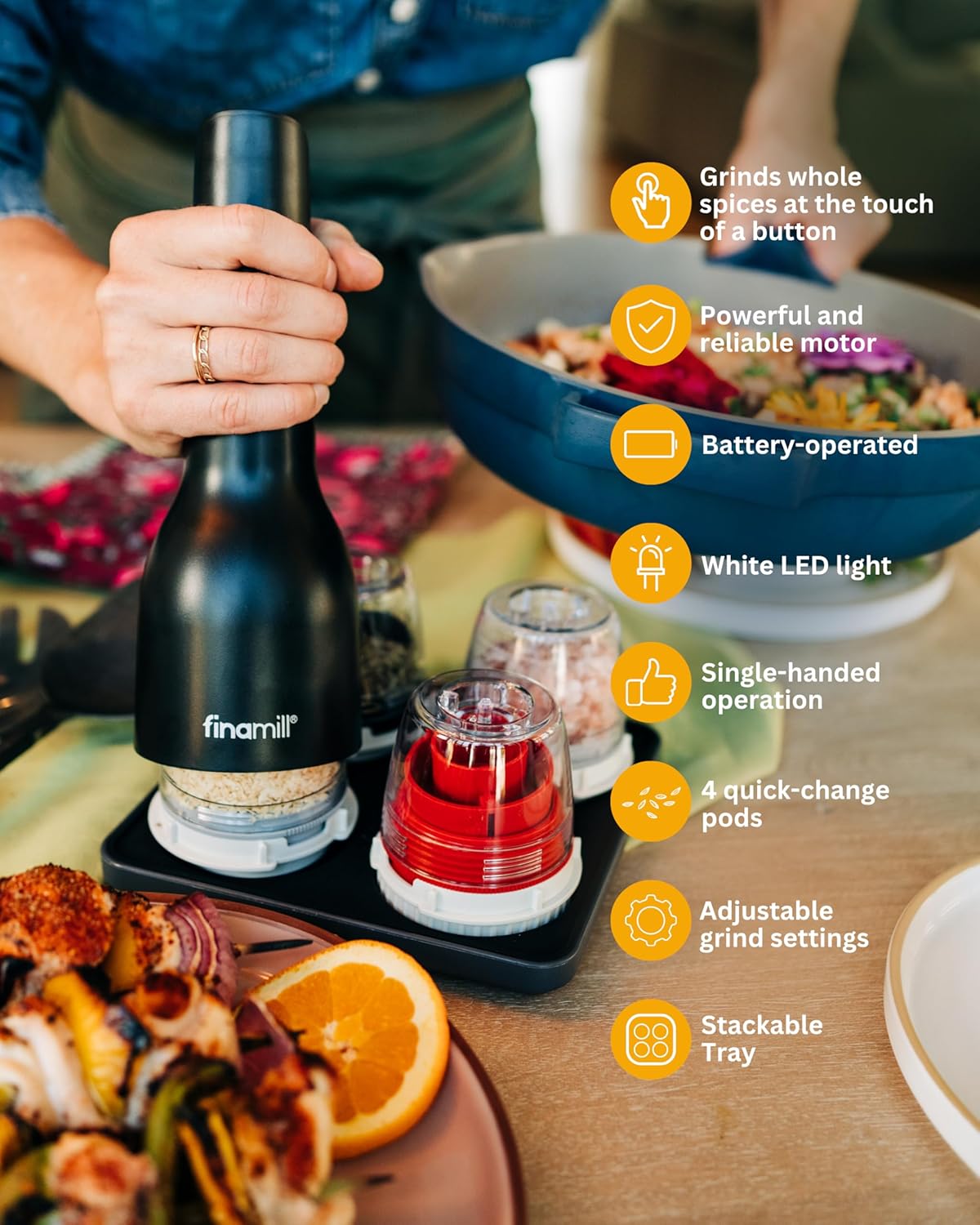 FinaMill Ultimate Gift Set – Battery Operated Spice Mill with 4 Interchangeable Spice Pods & Slate Quartet Stackable Tray, Adjustable Coarseness, Ceramic Grinder, LED Light, Kitchen Gifts for Women