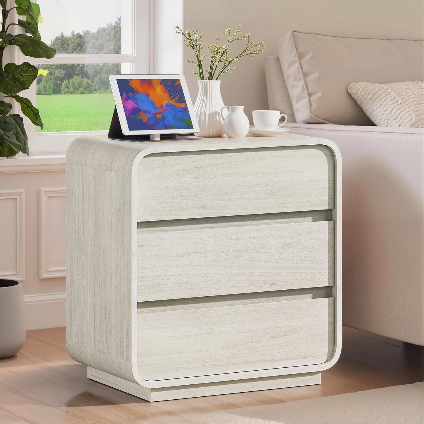 White Nightstand Set of 2 with Charging Station, 23.2" Wide Wood Bedside Table, Modern Dresser End Table with 3 Storage Drawers, Curved Profile, Mid Century Night Stand for Bedroom Dorm