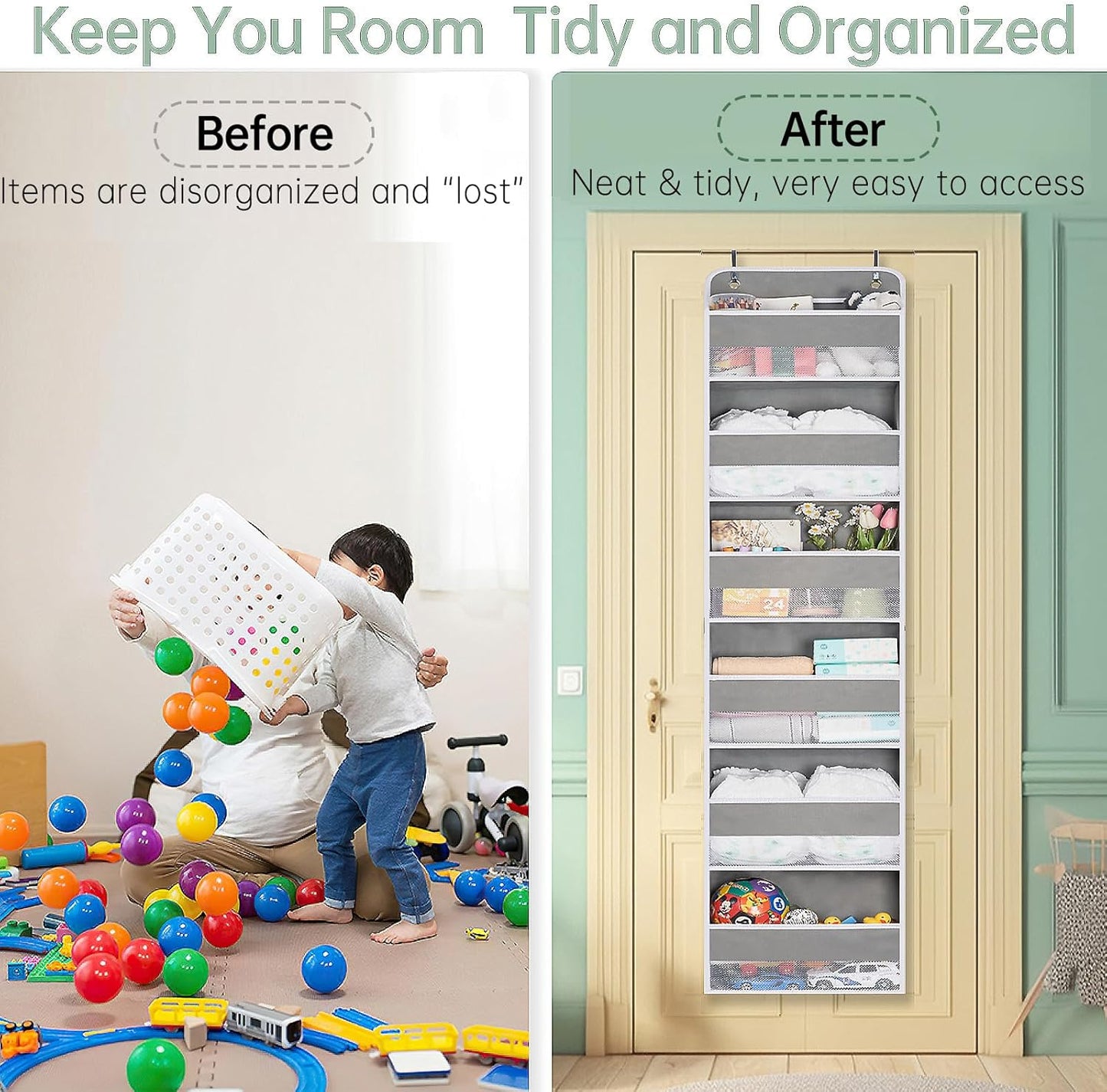 WishJazz Over The Door Organizer 6 Tiers, 50 lbs Tear Resistant Anti-Tilt Behind Door Storage, Door Hanging Organizer for Closet, Nursery, Bedroom, Bathroom, Diaper Organizer, Room storage