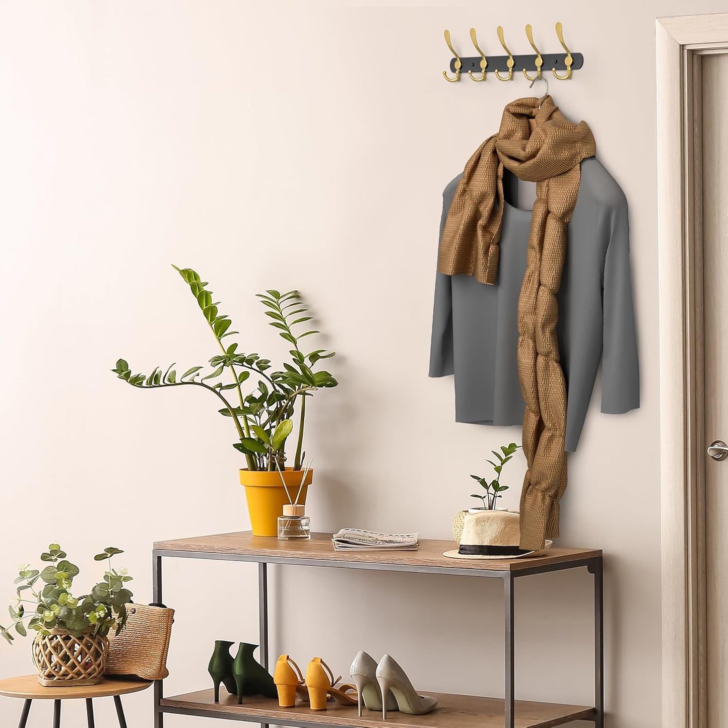 Coat Rack Wall Mount with 5 Tri Hooks, Stainless Steel 16 Inch – Black & Gold Matte Finish, Heavy Duty Wall Mounted Hook Rack for Coats, Hats, Towels, Scarfs, Robes, Bags, Entryway & Bathroom, 3 Pack
