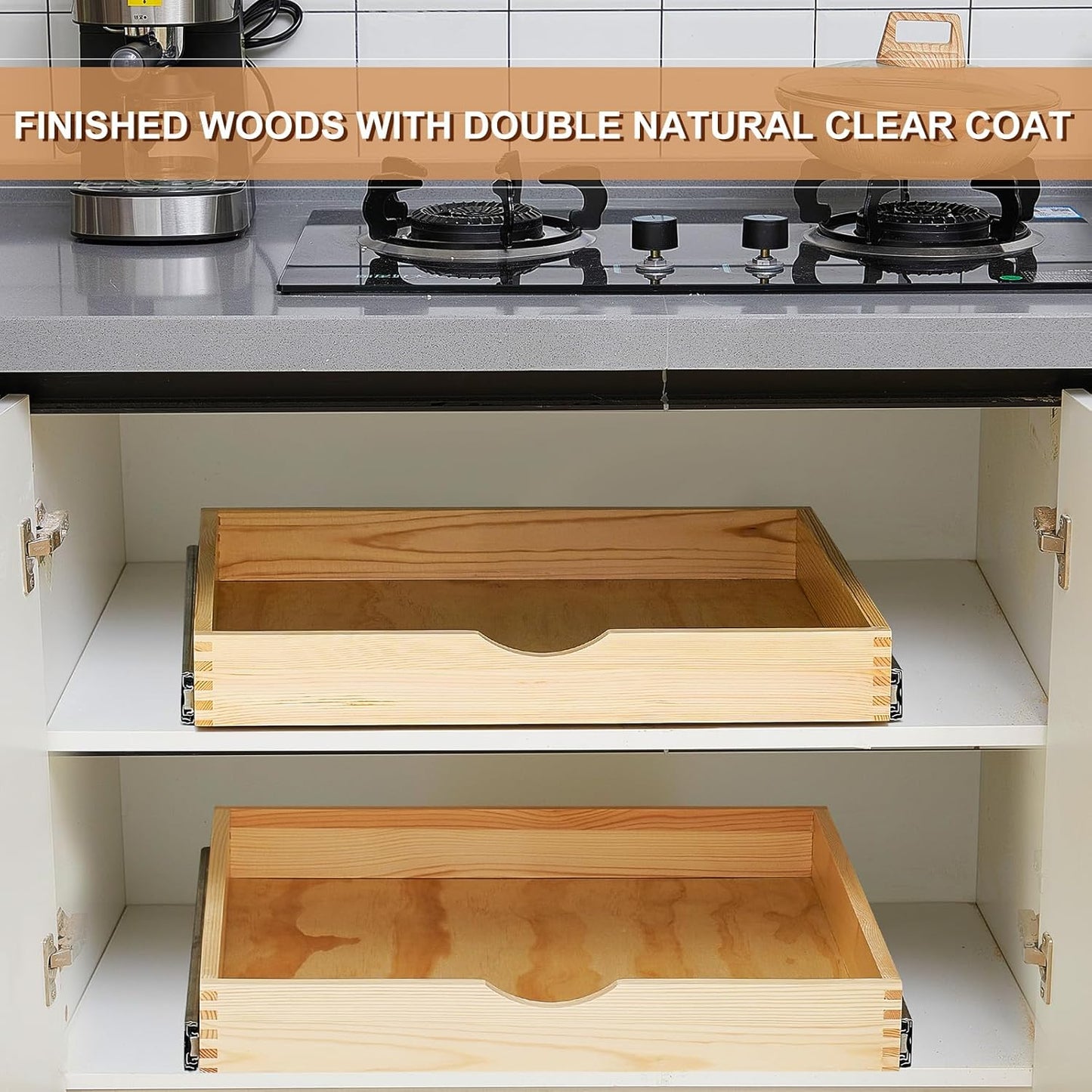 Menkxi 2 Set Pull out Tray Cabinet Organizer Wooden Pull Drawers storage Slide out Pantry Shelf for Base Cabinet Kitchen Gentle Close Fully Assembled Accessories(Wood Color,24'' X 21'' X 3'')