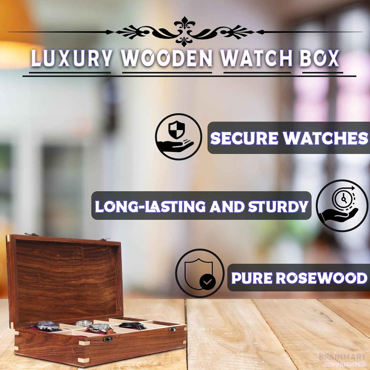 Wooden Watch Box for Men & Women, Watch Organizer & Display Case, Premium Long-Lasting Watch Holder for Storage, Elegant Gift for Watch Collectors (Wood Top, 12 Slots)