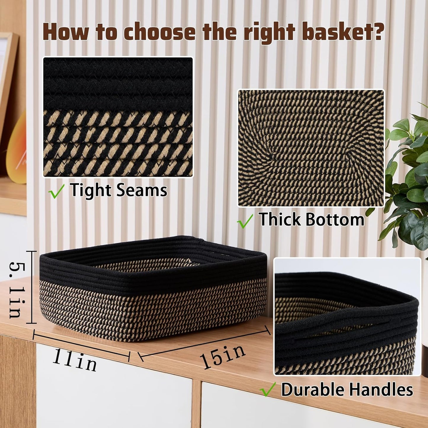 Large Shallow Organizing Baskets 15x11x5.1 Inches - Rope Woven Storage Bins for Bathroom, Shelves, Cube Closet, Black Woven Brown 3 Packs