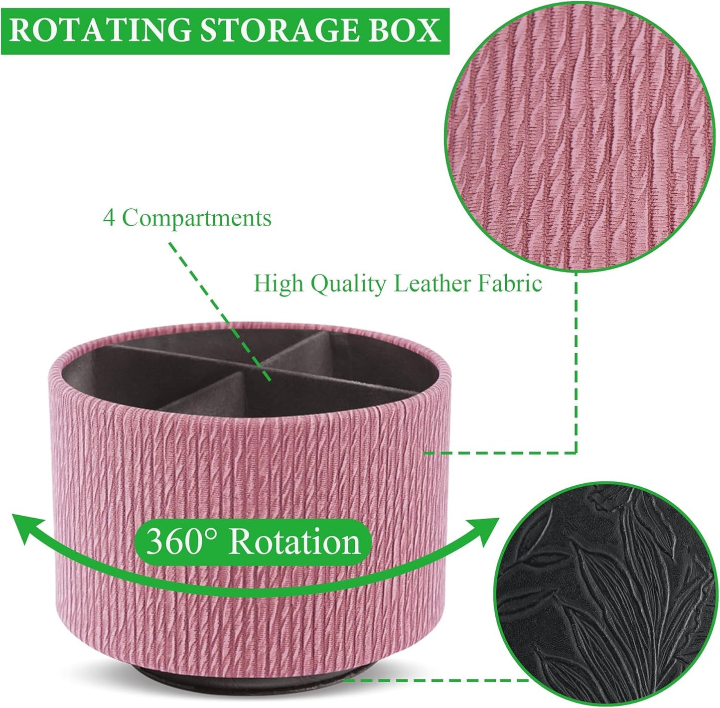 Round Leather Art Supply Organizer,Remote Control Holder,360 Degree Spinning,Multi-Functional Pencil Holder,4 Compartments Desktop Stationary Organizer(1-Wood Pink)
