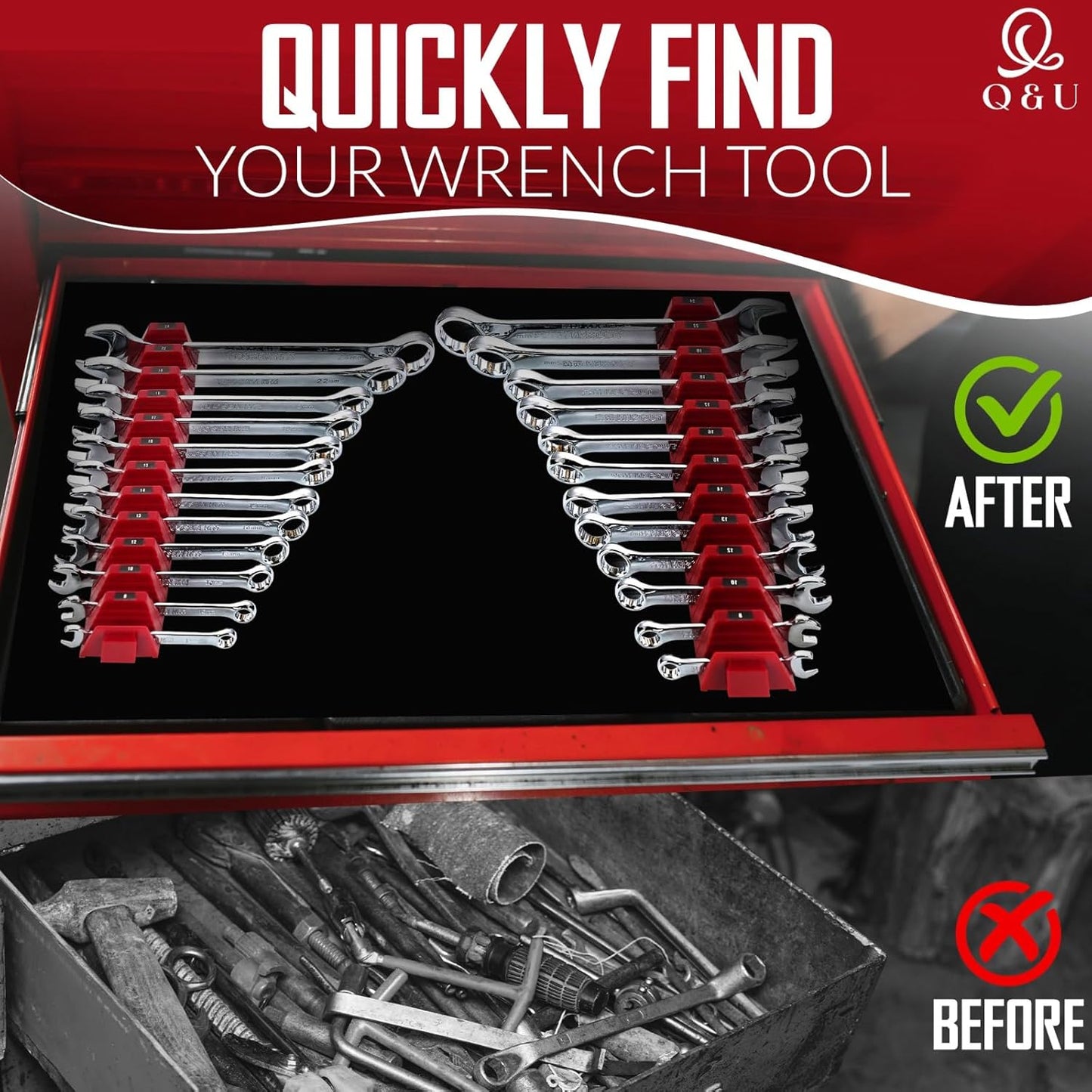 Q&U Wrench Organizer Modular System – 24 PCS Magnetic Wrench Organizer for Tool Box Drawer, Modular Wrench Organizer and Wrench Storage Rack, Heavy Duty Wrench Holder