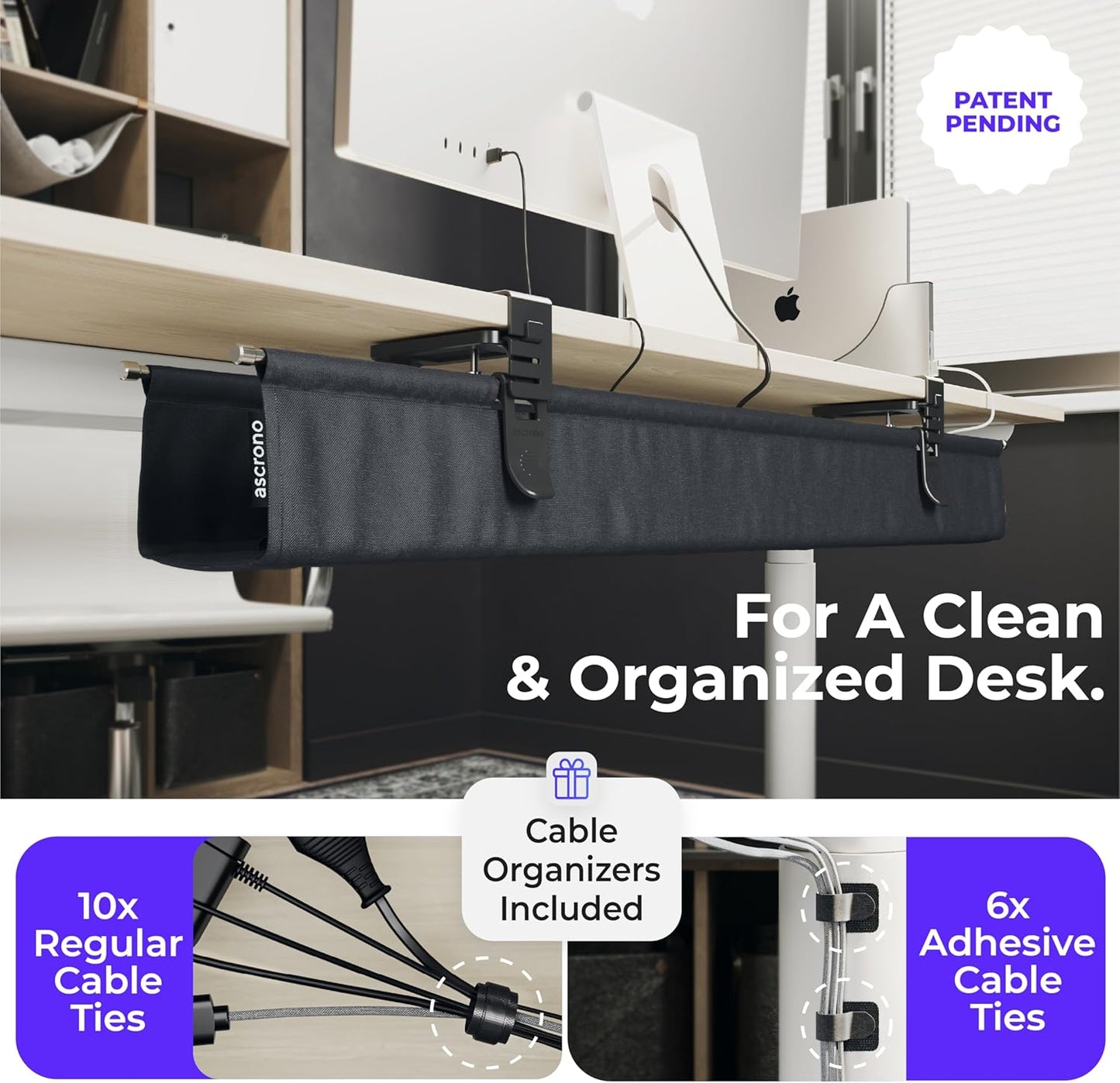 Ascrono Original No Drill Under Desk Cable Management Tray 27.3" - Premium Black Fabric Cable Management Under Desk - Clamp/Screw Mount Cord Organizer - Supports Upto 66lbs
