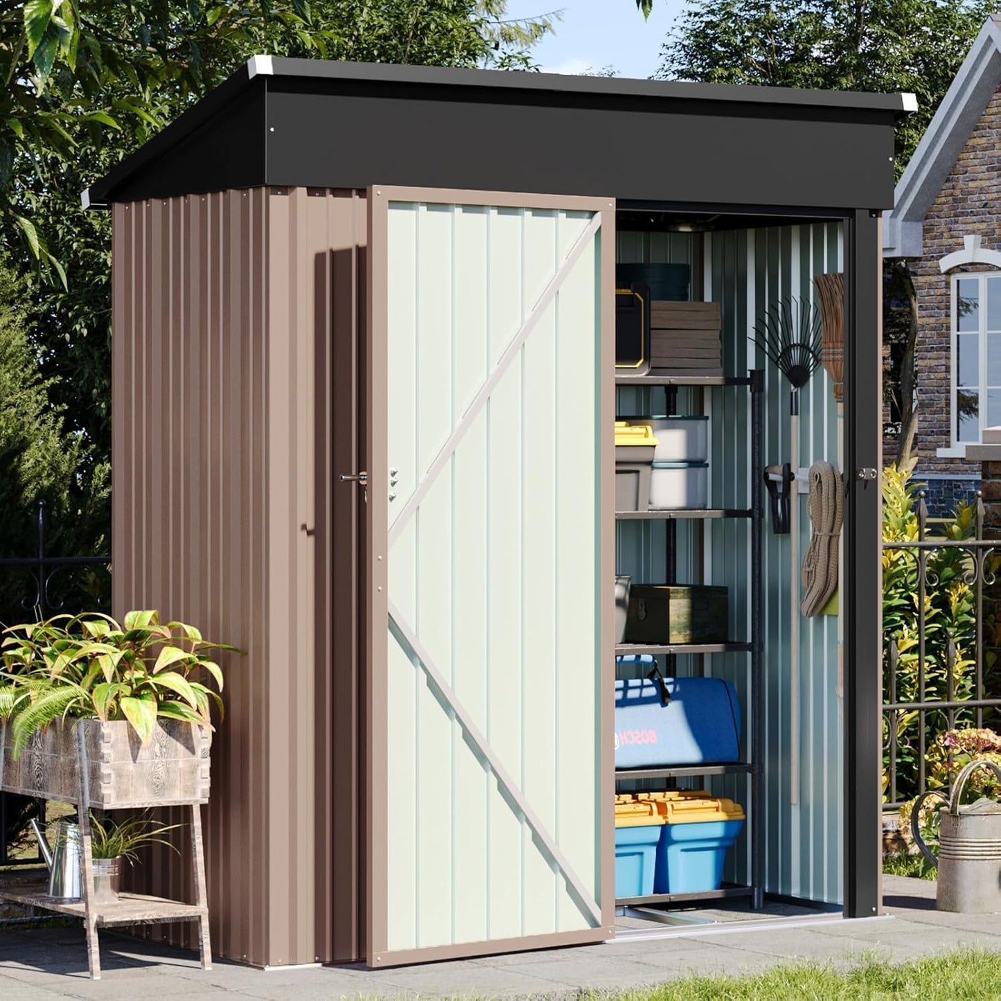 Aoxun 5’ x 2.9’ Shed Outdoor Storage Shed with Base Frame & Lockable Doors & Slooping Roof Metal Garden Tool Shed for Backyard, Patio, Poolside (Brown)