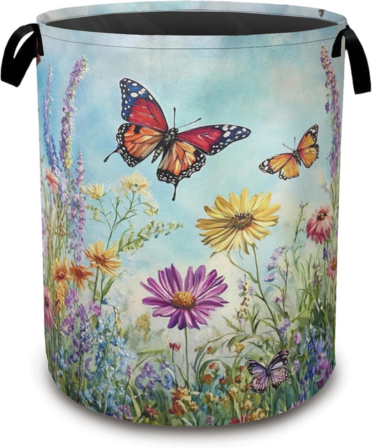 Colorful Butterfly Collapsible Laundry Baskets,Flowers Laundry Hamper,Storage Basket with Handles for Bathroom Bedroom College Dormitory Living Room Nursery Organizer 16"x20"