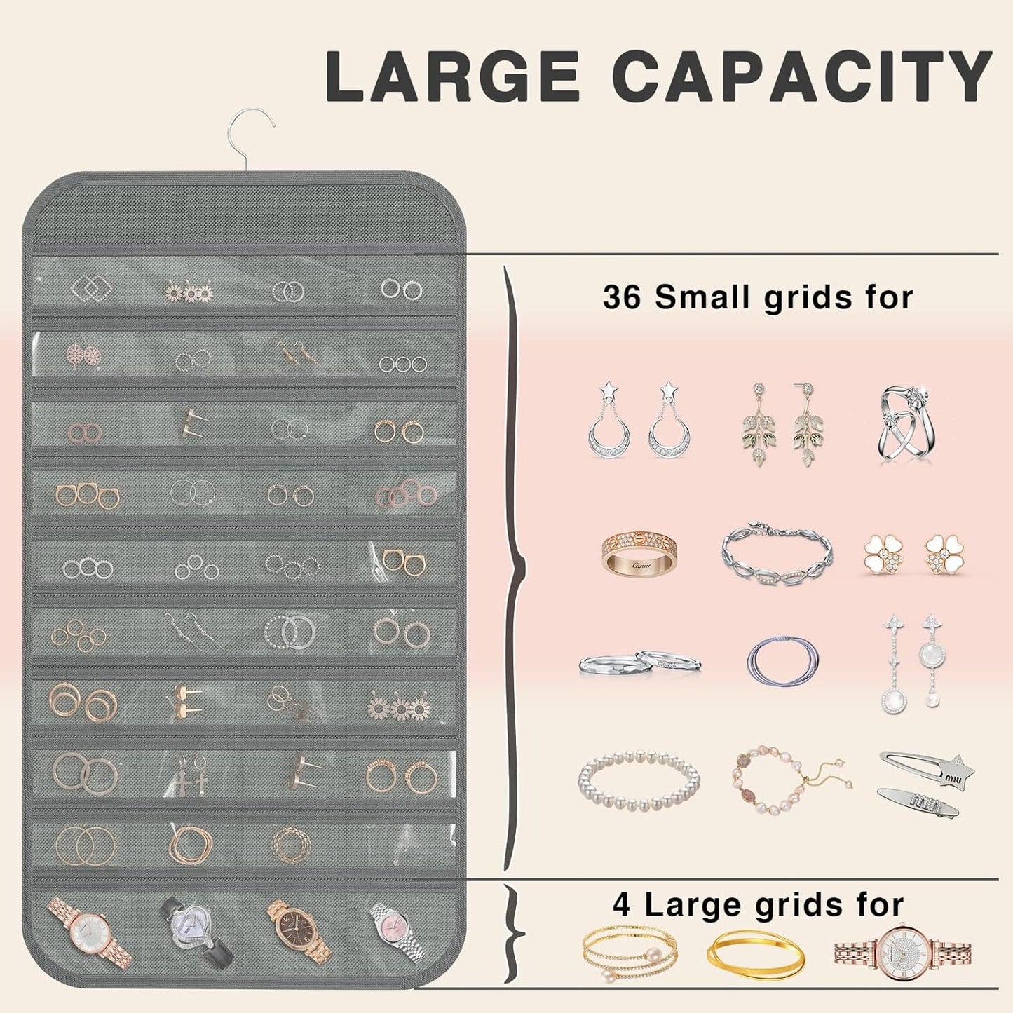 Hanging Jewelry Organizer Storage, 40 Pockets 36 Hooks Necklace Earring Necklace Bracelet Ring Organizer, Double - Sided Design, Grey