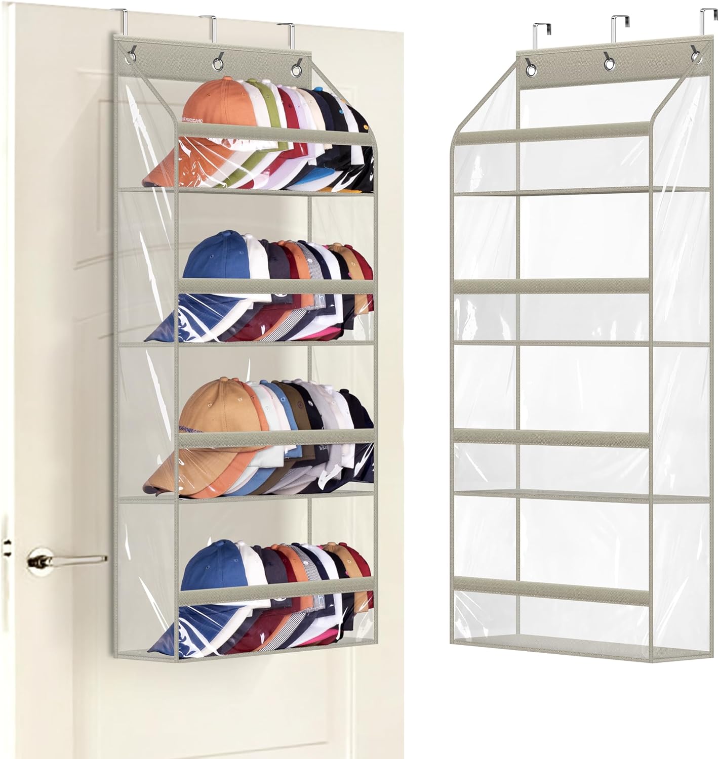 AOODA Clear Over the Door Hat Racks for Baseball Caps, Hold 48 Caps Hat Storage Organizer for Closet Wall, Deep Pockets Hanging Snapback Holder Shelves with 3 Hooks, Grey