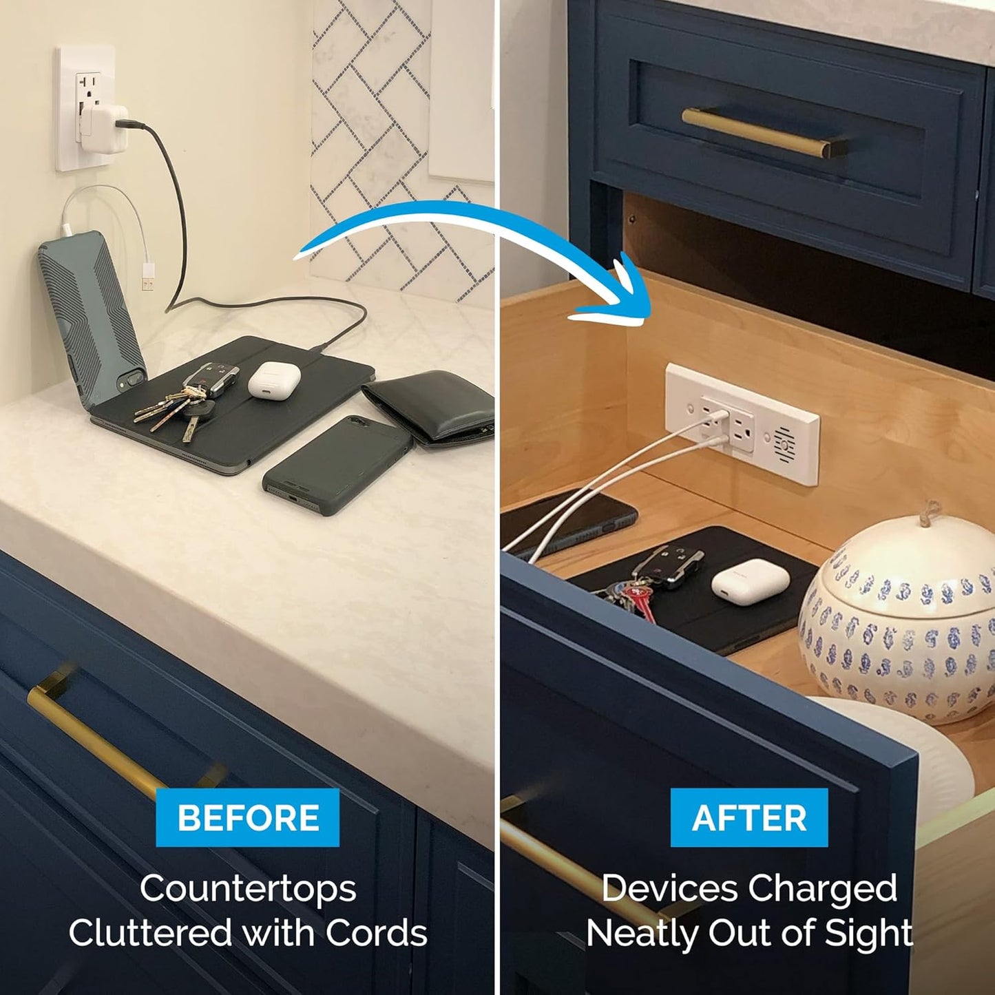 Docking Drawer Blade in-Drawer Outlet, Integrated Safety Shutoff, (2) 30W USB-C & (2) 15 amp AC, White